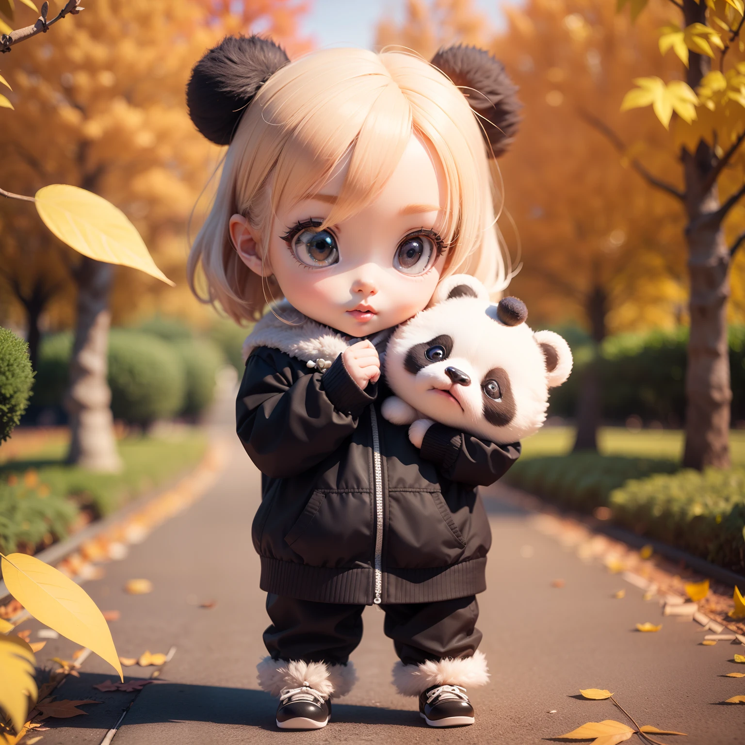 Cute Baby Chibi Anime、(((Chibi 3D))) (Best Quality), (masutepiece)、Chibi Panda、A detailed face、Standing、Royal Botanic Gardens in Autumn