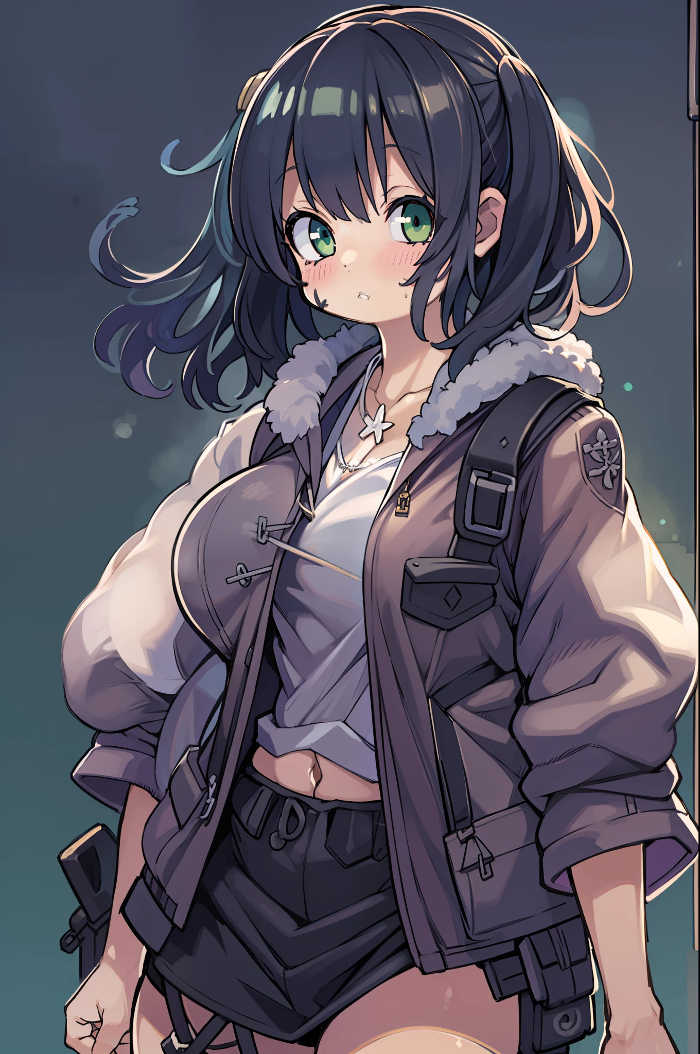 Hold a giant sniper rifle、Long sideburns、Anime-style girl with beautiful whole body, Little Girl,clean detailed faces, ciber,analogous colors, Glowing shadows, beautiful gradients, depth of fields, CLEAN IMAGE, High quality,Black Parker Closing、 high detailing, High Definition, blush, Fit, Heavenly Beauty, Very detailed, Soft lighting, Full body,Green＆Black hair,Green eyes、