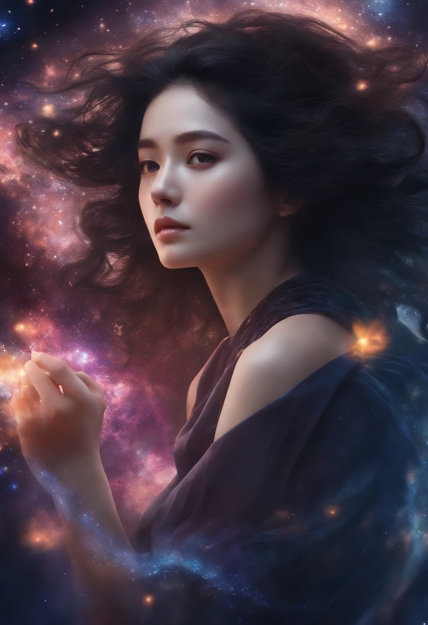 (best quality, masterpiece), 1girl, pose, particle, wind, flower, upper body, simple background, looking at viewer, black wildly hair, cosmic, nebulas, galaxy