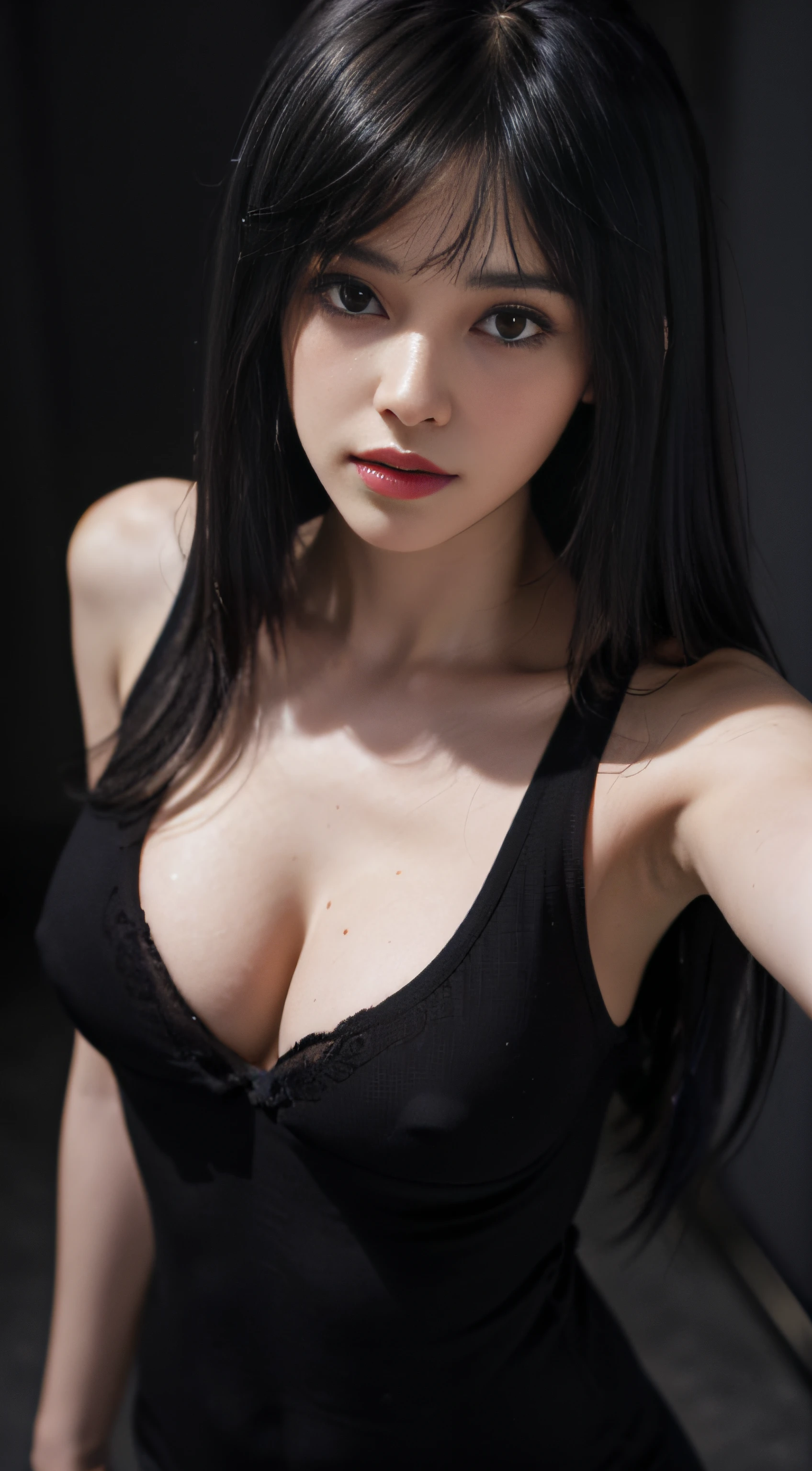 8K, Top Quality, Intricate Details, Ultra Detail, Ultra High Resolution, Masterpiece, ((full body)), 1girl, solo, 1 girl, ((shot from above)), ((detail breast, detail nipple, large breast, small nipple, large ass )), ((nippleslip, nipslip)), (((fit body))), (((slim face))), sharp face, sharp eyes, (((black hair, long hair, side bangs)) small lips, long hair, ((casual outfits)) , beautiful woman with perfect figure: 1.4, ((tall)), slender abs: 1.2, ((layer cut, big: 1.2)), wet body: 1.5, highly detailed face and skin texture Detailed Eyes, (Dark Night Background: 1.2)