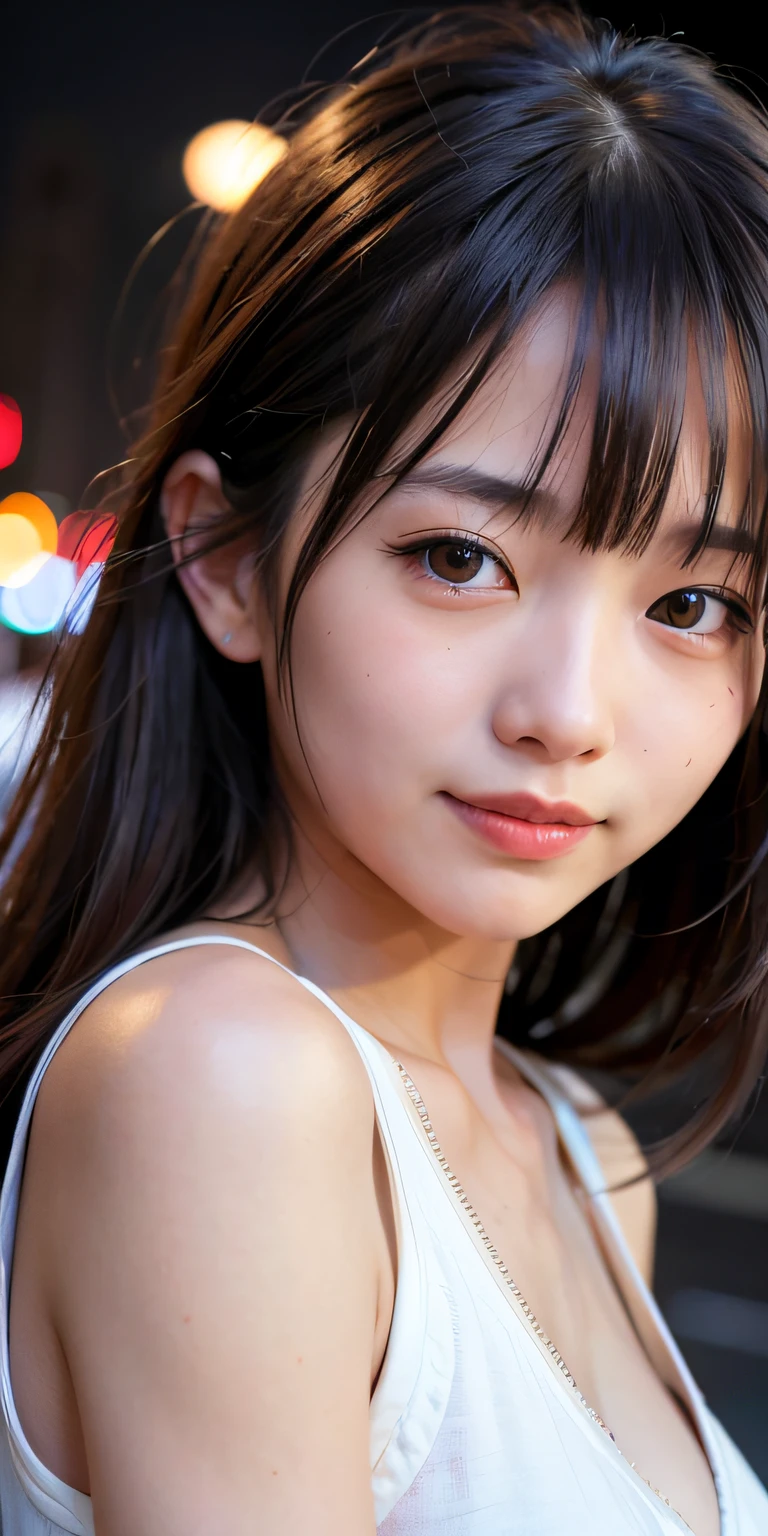 1girl, Tokyo street,night, cityscape,city lights,upper body,close-up,smile,, (8k, RAW photo, best quality, masterpiece:1.2),(realistic, photo-realistic:1.37),