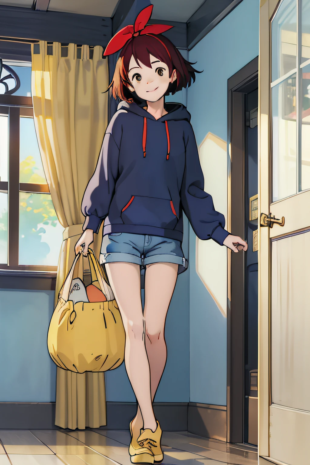 (masterpiece:1.4)、(top-quality:1.4)、(hight resolution:1.4)、A smile、girl with、Bob Hair、1 girl in、inside in room、huge window、Vivid Oversized Blue Hoodie、Wearing shorts、Yellow bag、red headwear、espadrilles、Active Pose