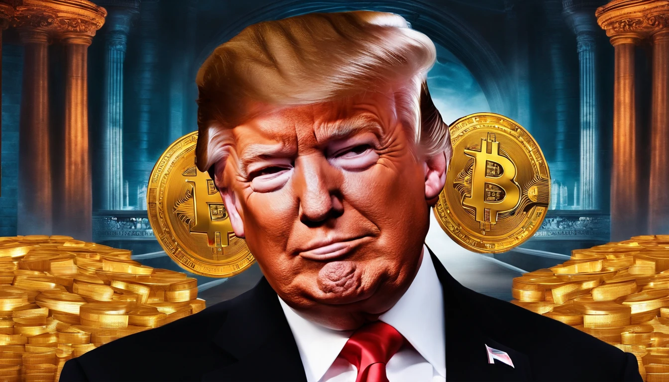 Create an image that has bitcoin in the background and donald trump filling pretty much the entire image with an evil grimace