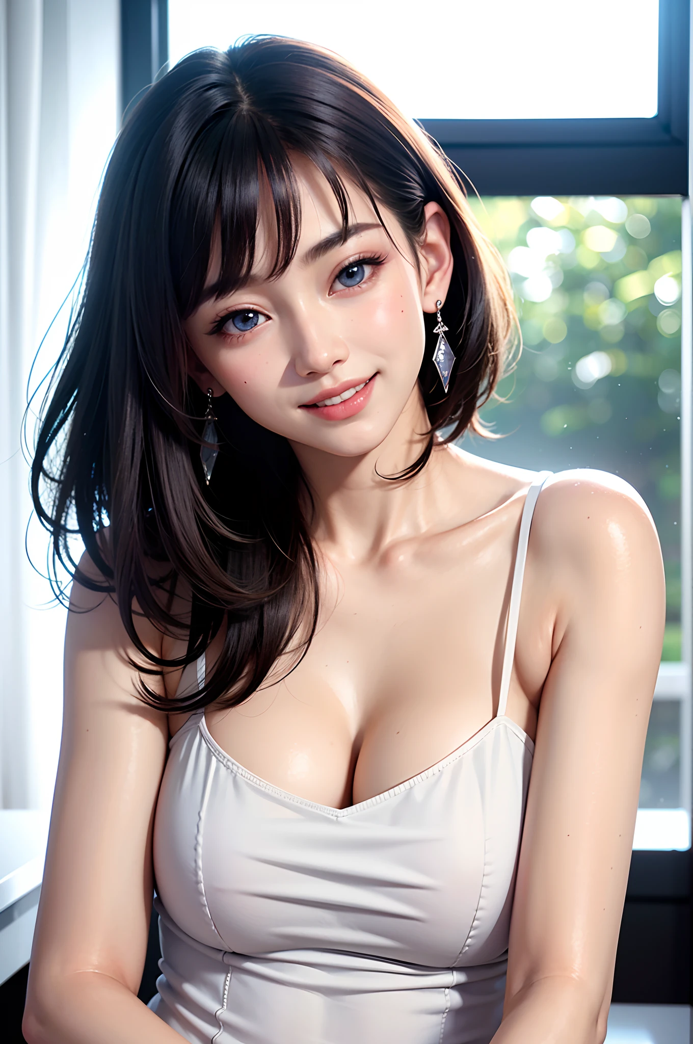 (high-level image quality、high-detail、hightquality、hight resolution、Draw everything accurately in high resolution)、Very intense crystal light blue eyes、Very pale blue eyes、Smaller diamond-shaped earrings、Look firmly at the camera、Put your ears out、Beautiful short black hair、Beautiful very short beautiful hair with bangs、Show off all the beautiful décolletés、Beautiful 28 years old、lipgloss、long neck、happily laughing、Smiling very happily、Beautiful teeth alignment、Beautiful teeth、Beautie、Pretty Woman、Business shirt with a snow-white collar with open chest、Wide Open Color、illuminate the back with very strong light from the windowsill,,,,,、Very immaculate background、Really snow-white background、Slightly bigger eyes、Brings intense light to the eyes、rather broad shoulders、tall supermodel、Long-legged supermodel、Female sexy、Turn your face slightly to the side、Very mature and beautiful woman、Very small face
