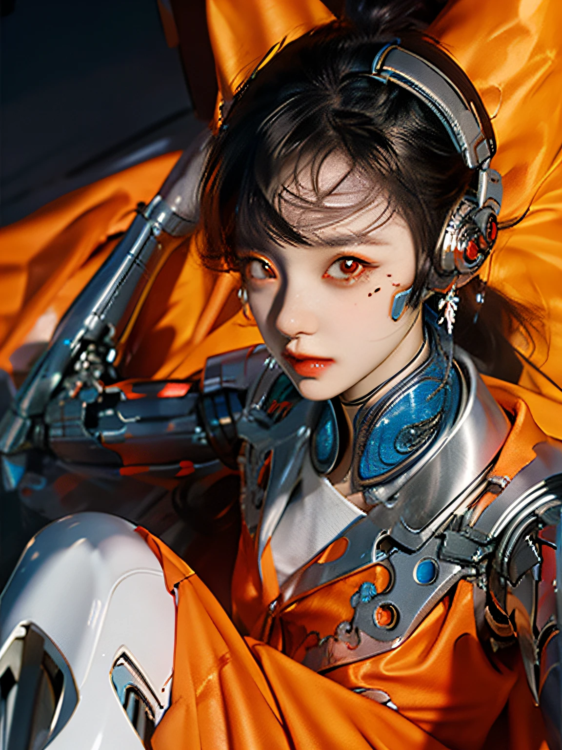 1 rapariga, chinese_clothes, full bodyesbian,Metallic black, titanium and orange, Cyberhanfu, Purple cape, Cyberpunk-city, dynamicposes, Details illuminated headphones, luminous hair ornaments, long whitr hair, Luminous earrings,Glowing necklace,cyber punk perssonage,Orange light,Fluorescent orange,a skirt,Digital background,large moon,Best quality at best,tmasterpiece,8K,Character edge light,hyper-high detail,high qulity,The most beautiful woman in man,Slight smile,The face is symmetrical to the left and right facing the front,Ear decoration,Beautiful pupils,Light effects,visual data,Pick dye orange,Dye hair,Ultra-detailed facial texture,Happy,Weapons systems,in mecha style,Super light and shadow,Long flowing hair,Glowing boots