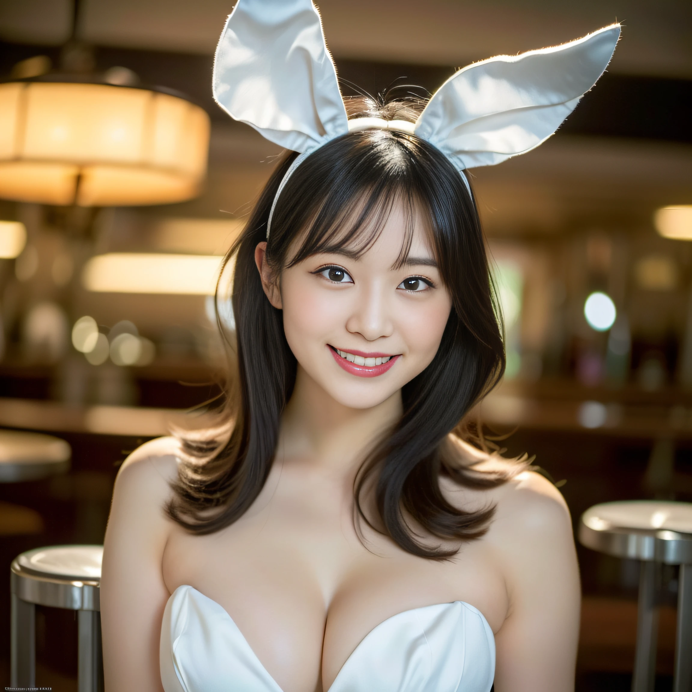 (realisitic、Photorealsitic:1.37)、(masterpiece)、(top-quality:1.4)、(超A high resolution:1.2)、(Raw photography:1.2)、(foco nítido:1.3)、(facefocus:1.2)、elegent、(full body Esbian:1.2)、1 Japan Girl, (Solo:1.2), (Black hair black:1.3), Long hair, Large breasts, (Bunny Girl:1.4), (Playboy Bunny:1.3),(33yo:1.2)、(happy smail:1.3)、bangss, beautiful finely detailed eyes, Look at viewers, (cute little)、nogizaka、casino、bars、thighs thighs thighs thighs