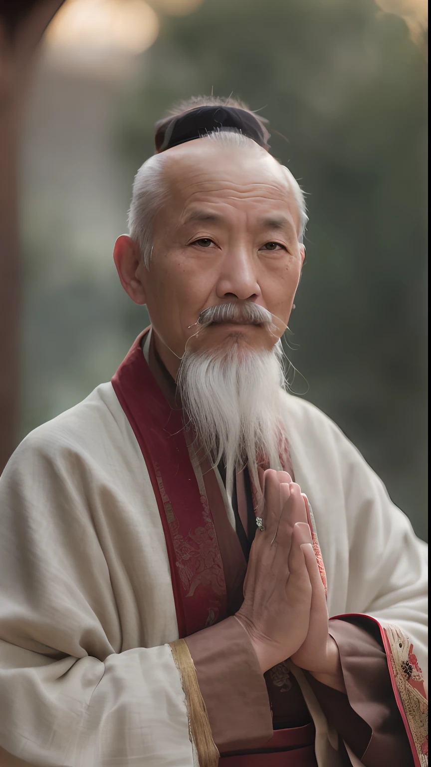 white mustache,Arafard man in red and gold robes, Taoist, Daoism, portrait of monk, Taoist master, An old man, portrait photo of an old man, Wise old man, holy man looking at ground, asian man, Taoist temples and monks, ancient japanese monk, Asian people, photo of a man, Portrait shooting