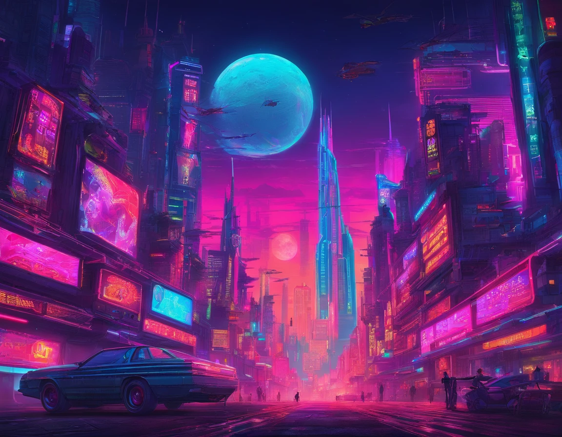 Massive cyberpunk cityscape, Towering spires and holographic billboards Chinese illuminate the night sky.zombie，themoon，high-class，extremely colorful