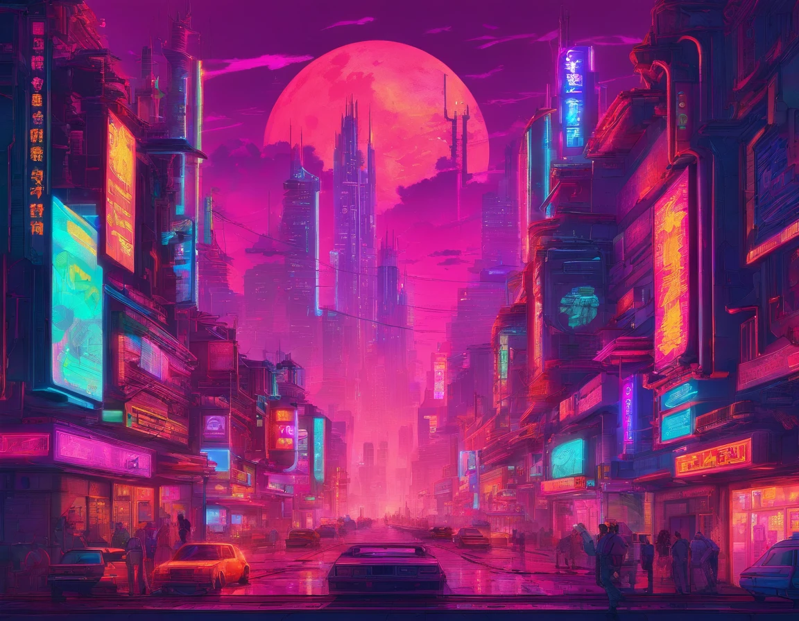 Massive cyberpunk cityscape, Towering spires and holographic billboards Chinese illuminate the night sky.zombie,themoon,high-class,extremely colorful