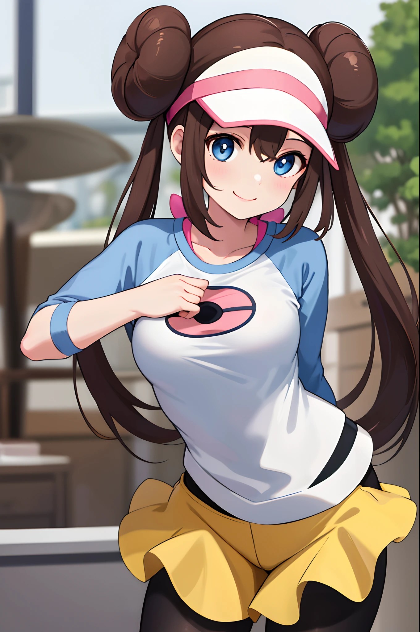 masterpiece, best quality, highres, ro1, hair bun, blue eyes, twintails, visor cap, pantyhose, raglan sleeves, yellow shorts, shirt, pink bow, wristwatch, standing, cowboy shot, field, poke ball \(basic\), smile