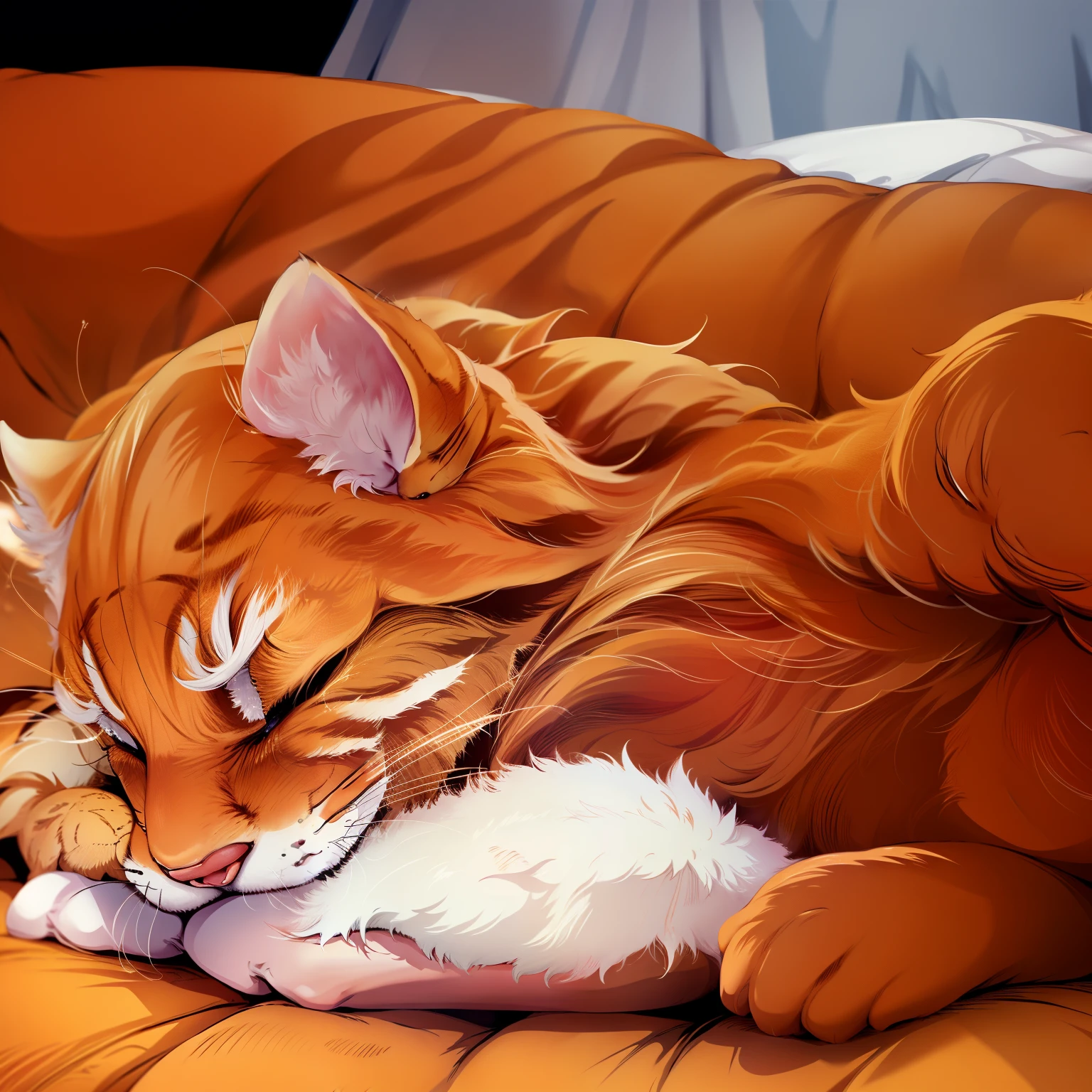A sleeping little orange cat，rays of sunshine