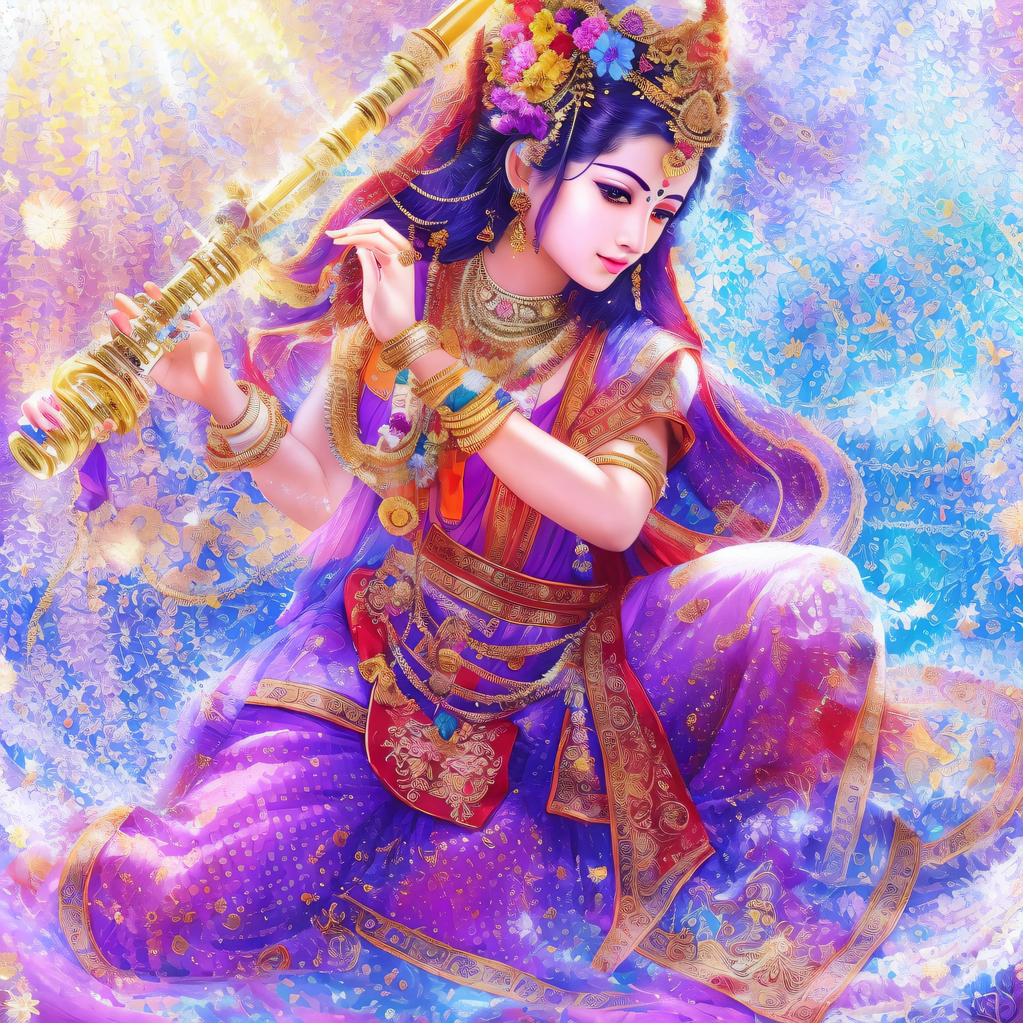 a painting of a indian god Krishna in a purple outfit holding a flute, beautiful god, god of love and peace, indian god of wealth, godess, asian male water elemental, hd wallpaper, devainart, beautiful avatar pictures, beautiful image, a beautiful fantasy empress, extremely detailed god shot, painting of beautiful, god art, fanart, indian god