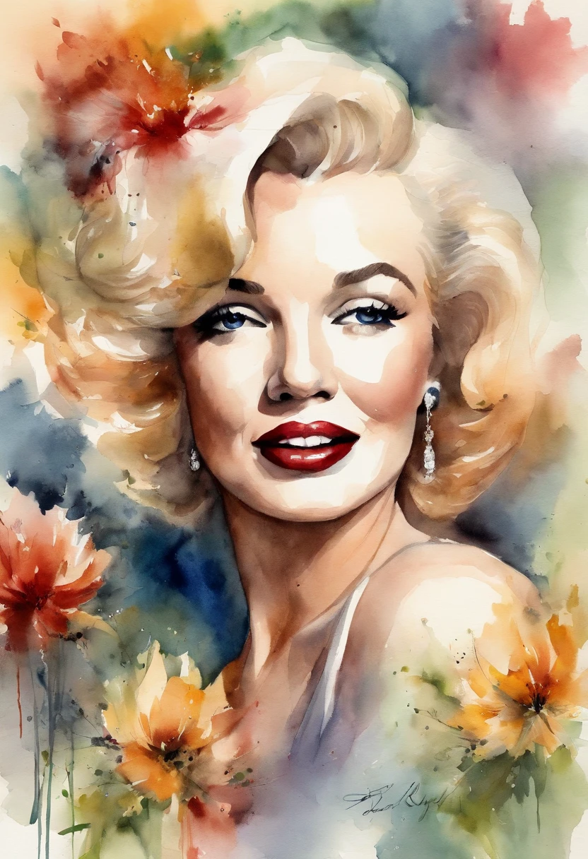 watercolor color  portrait of Marilyn Monroe,  25years old lady with calm look and wise appearance. Flower arrangement ...