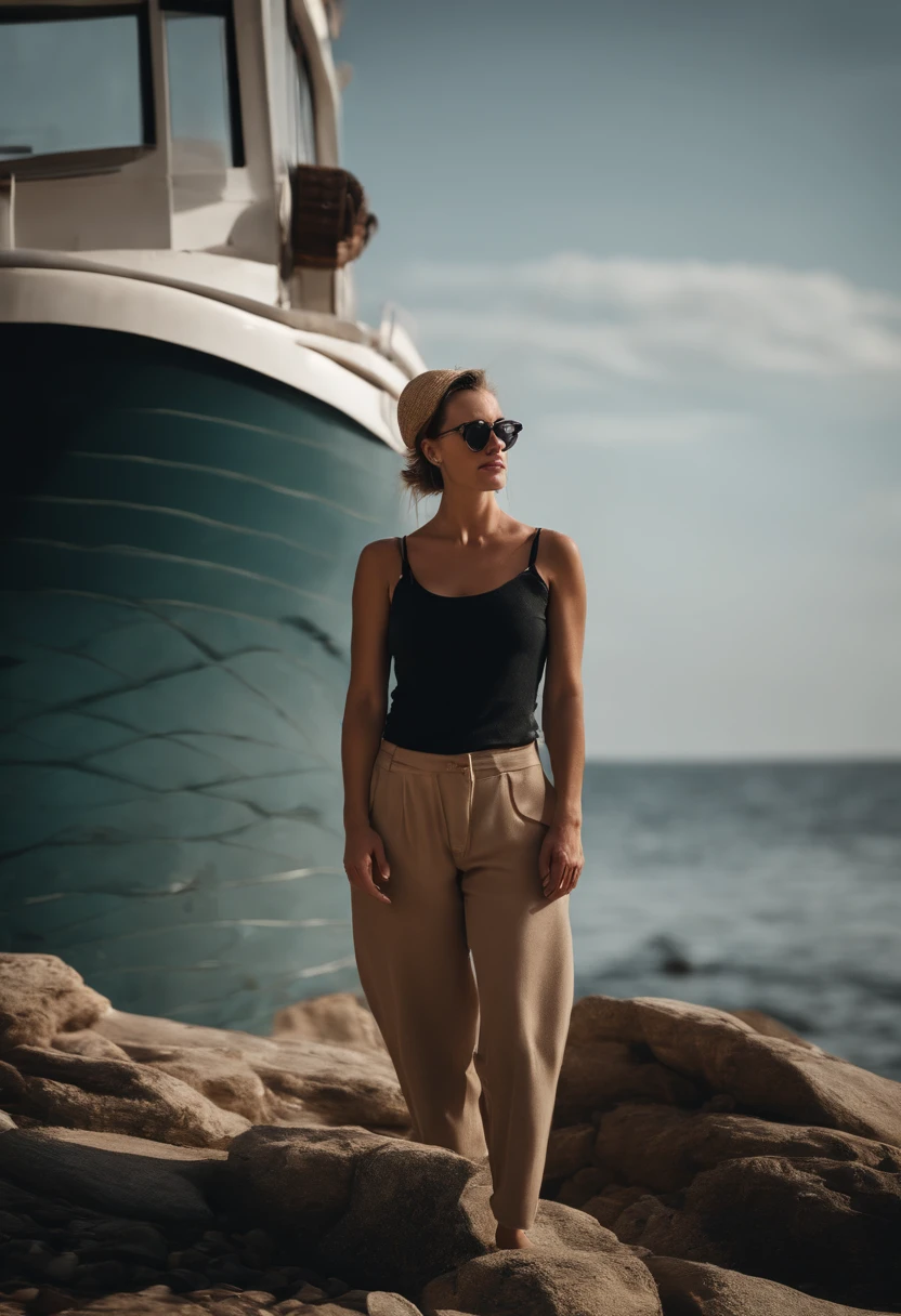 cinematic realistic photo, wide angle, Beautiful Popeye Sailor and Beautiful Olivia. fundo minimalista, clean composition, Detalhes fortes, Cores silenciadas, Hasselblad --estilo cru