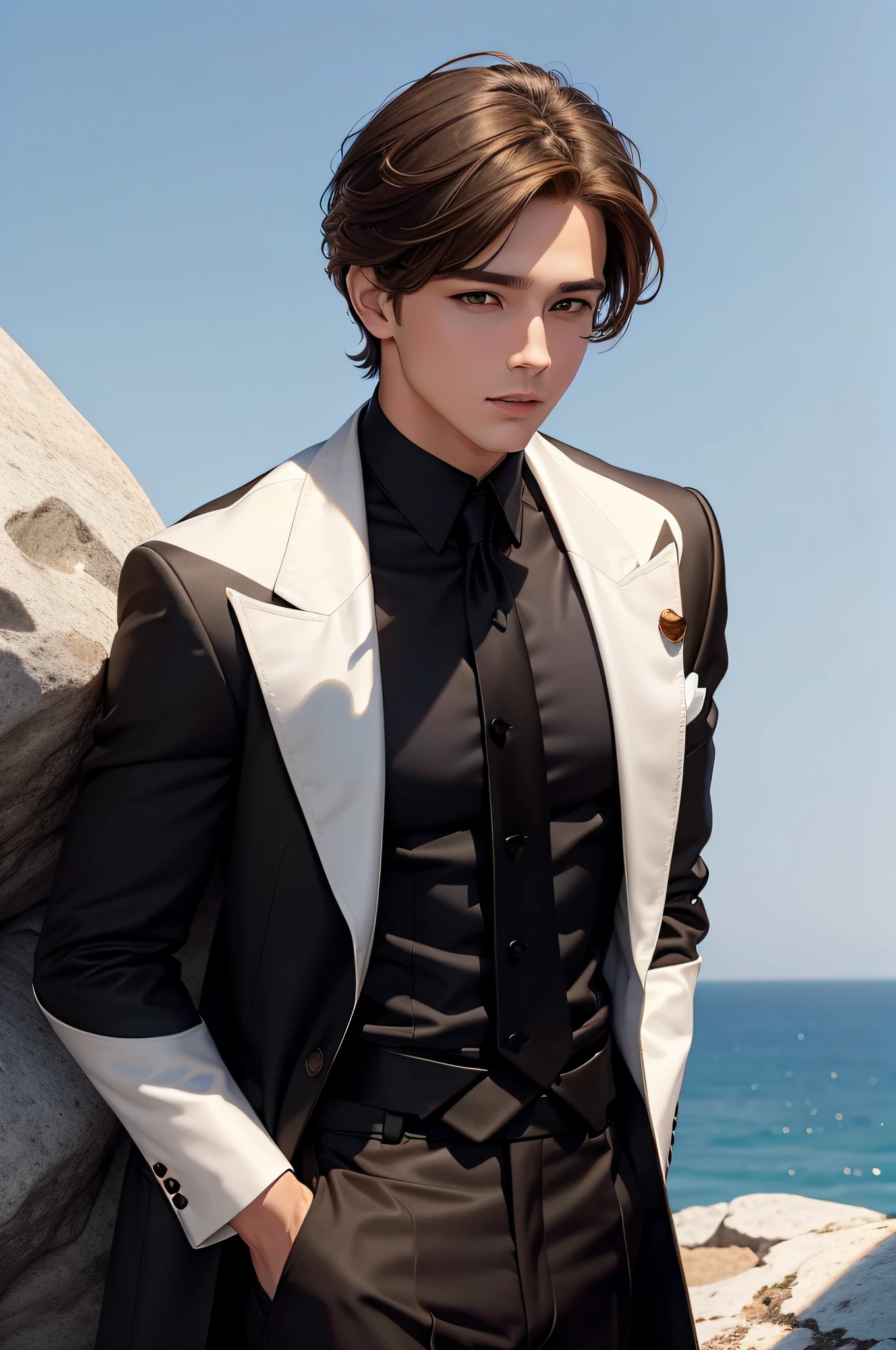 Boy, Brown hair, golden brown eyes, Curtain Hairstyles, Black coat, White shirt, Black tie, Black pants, on top of a rock, crystal clear skies