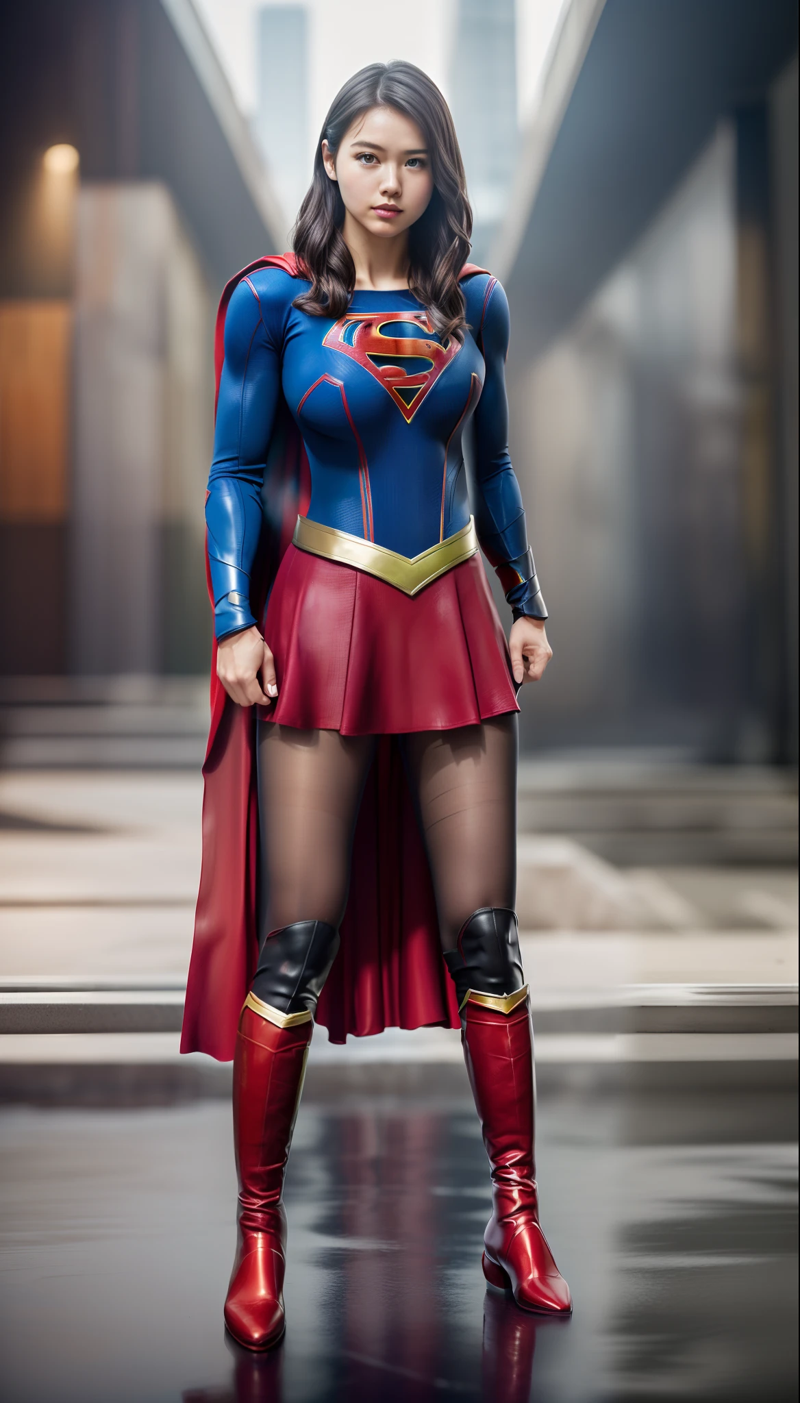 (((Make the most of the original image)))、(((Supergirl Costume)))、(((lustrous dark hair)))、(((Suffering)))、(((Feet must necessarily be worn with black tights)))、(((You need to wear red boots)))、((Top image quality、8K))、((top-quality、8K、​masterpiece:1.3))、Crisp focus:1.2、Beautiful woman with perfect body shape:1.4、Slender Abs:1.2、((layers-Cut、large boob:1.2))、a wet body:1.5、Highly detailed facial and skin texture、