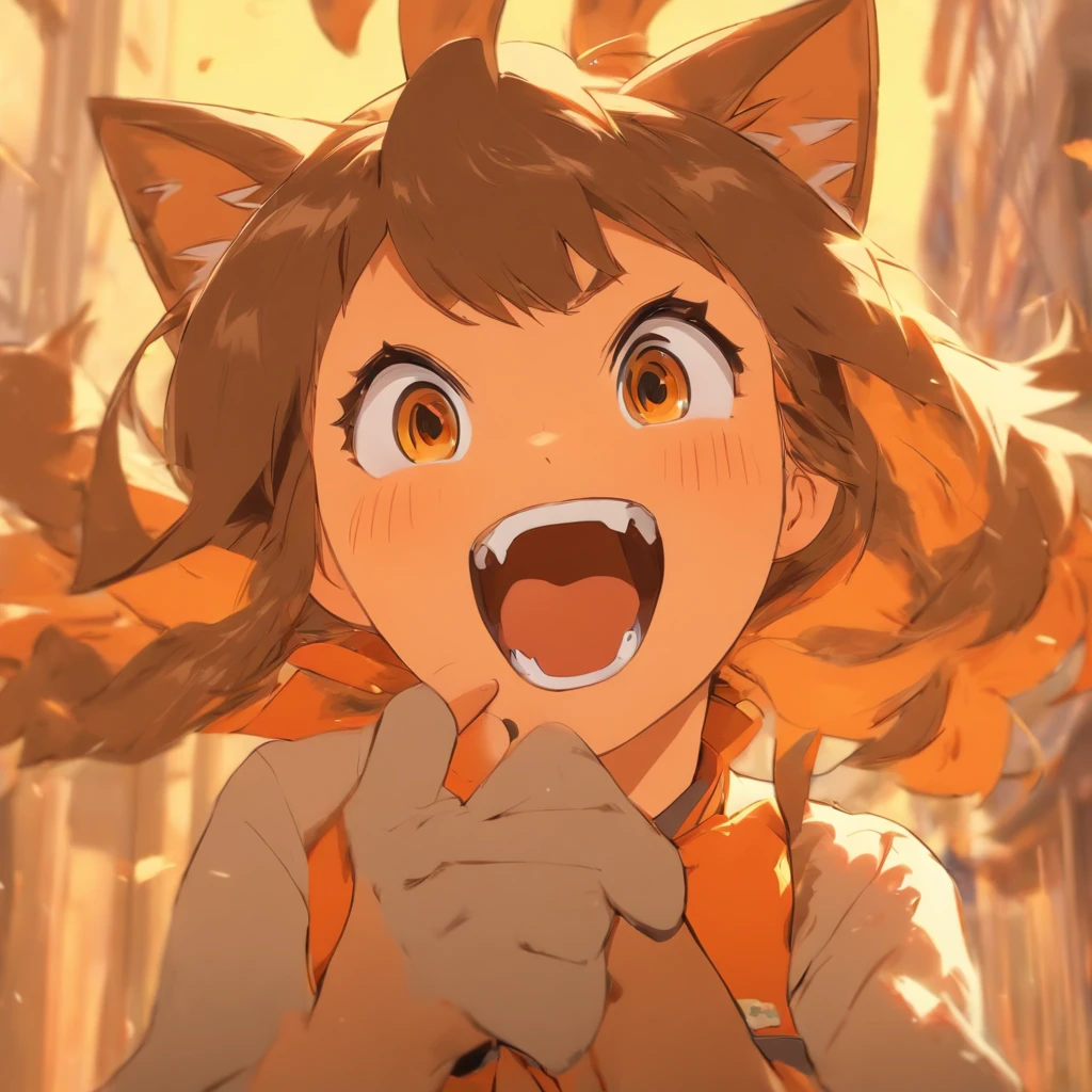 Solo, 1girl, open mouth, Fangs, brown hair, long hair, simple background , orange yellow background, school uniform, cat ears, make hands like cat pose, upper body, portrait, no shadows, films grains,  paw pose