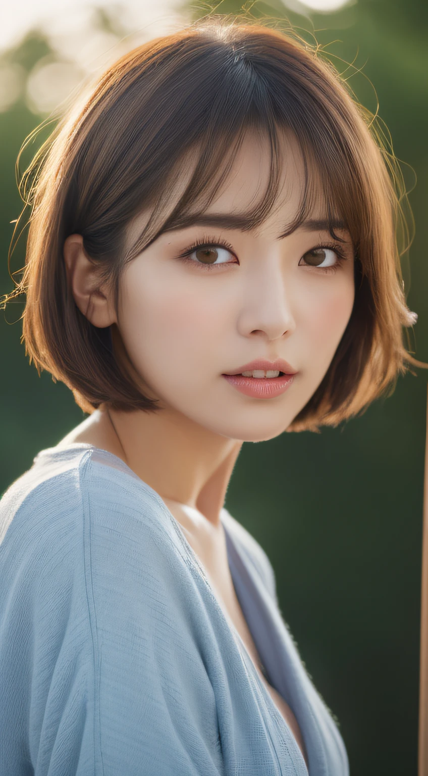 (Masterpiece:1.3), (8k, Photorealistic, RAW Photography, Best Quality: 1.4), soft light, professional lighting, 1girl, very beautiful girl, neat and clean beauty, shy, A close-up of her face desperately trying not to cry, Brown short hair, blouse