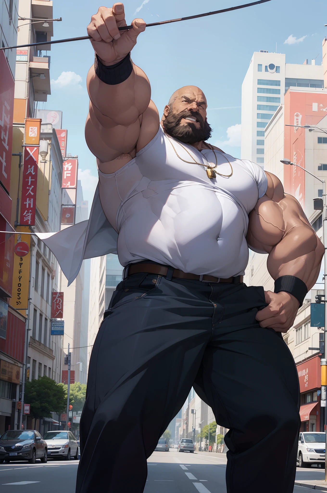 ((solo, 1boy)), (A strong and muscular old man standing confidently on a urban city),