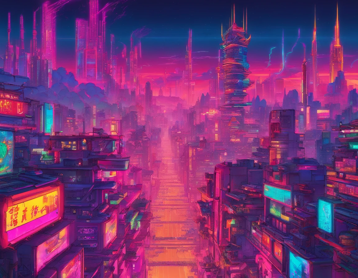 Massive cyberpunk cityscape, Towering spires and holographic billboards Chinese illuminate the night sky.Resident Evil，themoon，high-class，extremely colorful