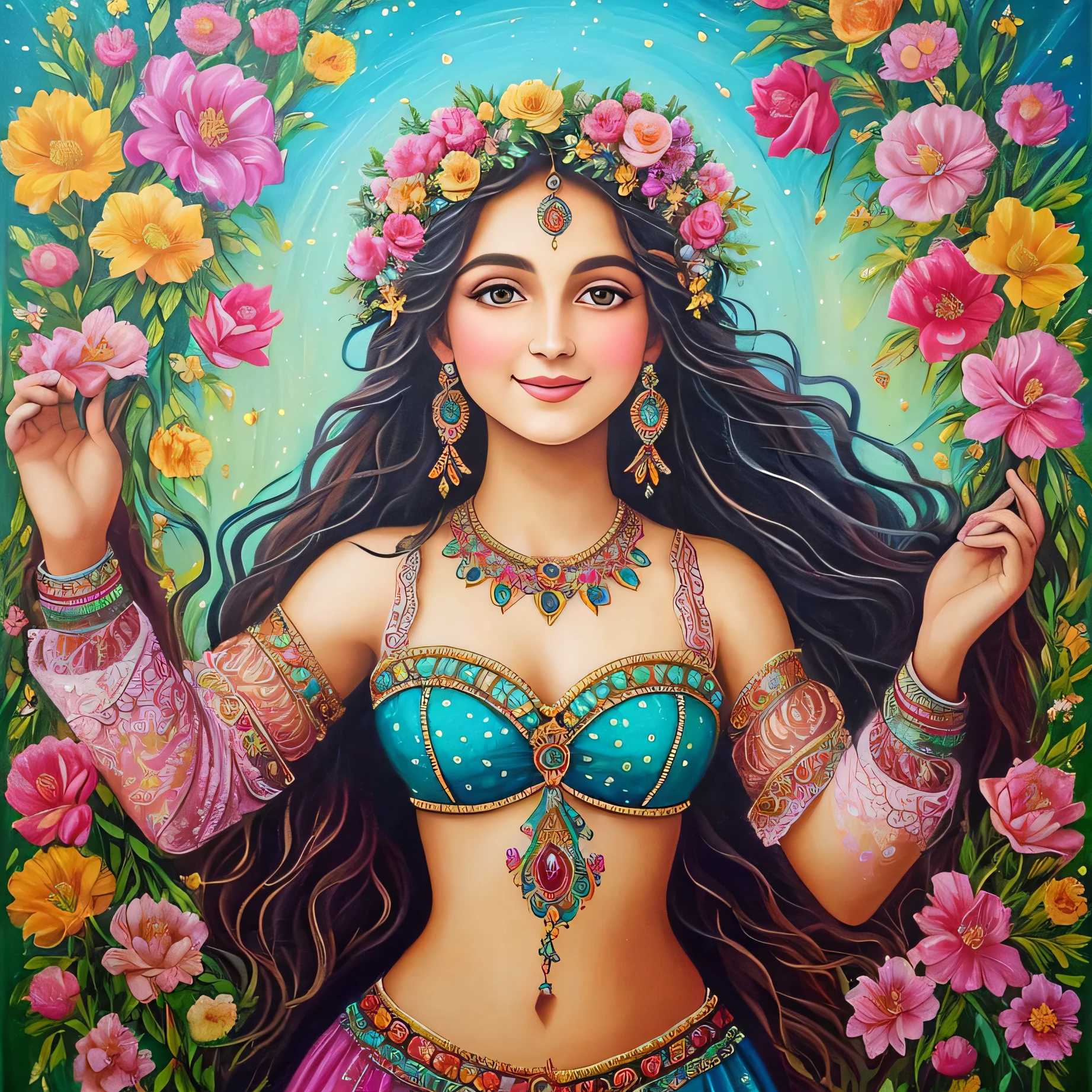Imagine a painting that captures the charming, joyful and mysterious essence of the Dove Gypsy Gypsy Girl of Souls. The scene depicts a young gypsy, full of life and energy, surrounded by elements that evoke her connection to the spiritual world. At the center of the composition is the figure of the Dove Gypsy Gypsy Girl of Souls. She is portrayed with a curious look and a gentle smile, representing her playful and welcoming nature. Their gypsy costumes can be colorful and ornate, highlighting their culture and identity. Around the figure of the Dove Gypsy Gypsy Girl of Souls, there may be symbolic elements that represent her connection with souls and the spiritual world. This may include candles, tarot cards, crystals, or flowers, representing your intuitive wisdom and divinatory abilities. Elements such as colorful veils, ribbons or a gypsy tent can be incorporated to add a touch of authenticity and mysticism. The color palette used in the painting can be vibrant and full of life, with a combination of warm tones such as orange, red, pink and gold. These colors convey joy, passion and the gypsy spirit. Subtle details of light and shadow can be added to enhance the luminous presence of the central figure. The composition of the painting can be light and fluid, with smooth lines and graceful gestures. This represents freedom, artistic expression, and connection to the divine. The use of patterns and decorative elements, such as arabesques or flowers, can add a touch of delicacy and visual richness. This painting evokes the idea of magic, intuition, and celebration of life. It invites the viewer to immerse themselves in the enchanting world of the Dove Gypsy Gypsy Girl of Souls and to connect with her joyful and spiritual energy.