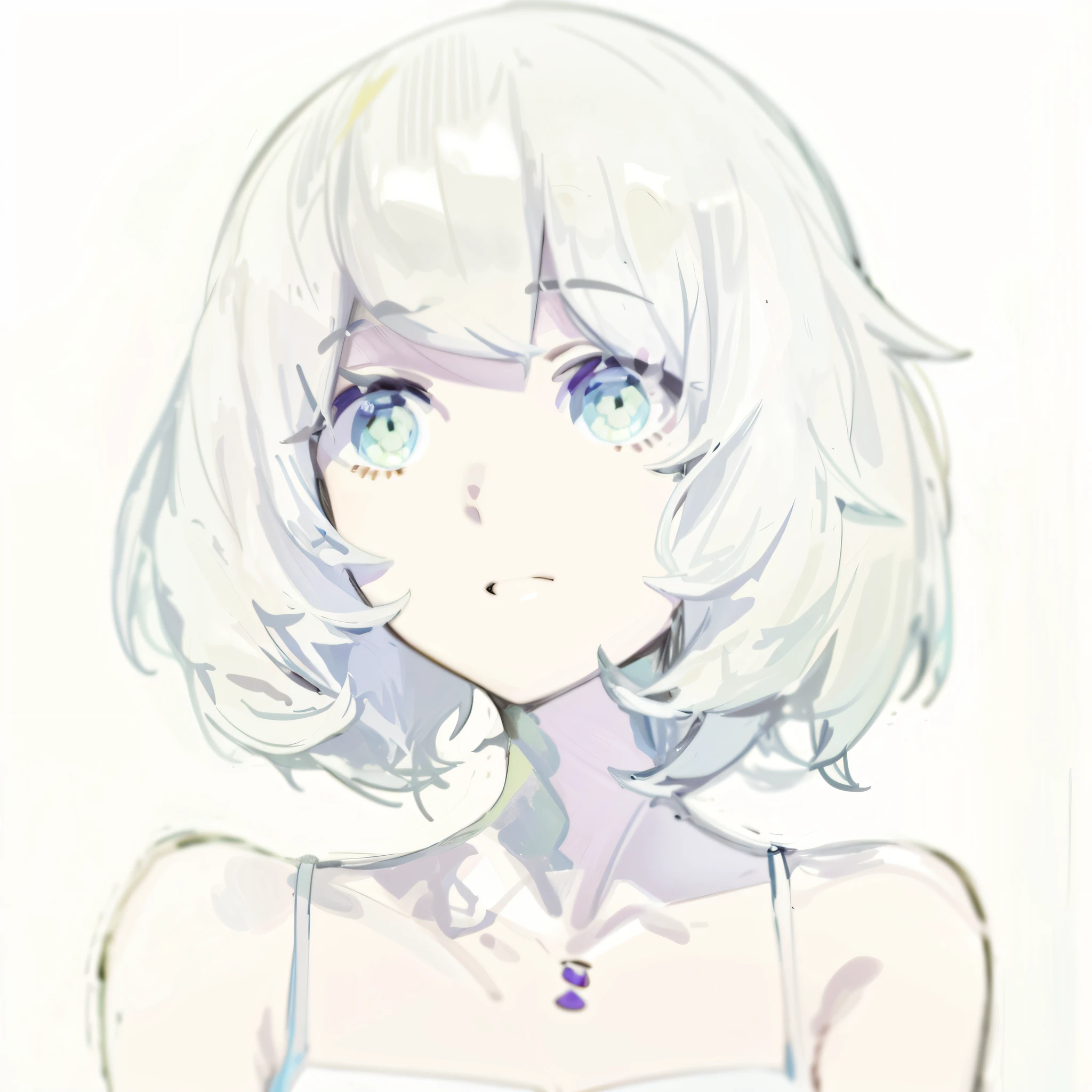 Painting of a woman with short hair and a purple shirt, Girl with short white hair, flat anime style shading, anime shading), subtle anime style, anime style drawing, clean and meticulous anime style, semirealistic anime style, saori, in an anime style, anime sketch, an anime drawing, & her expression is solemn, Line sketch!!, white hime cut hairstyle,aquarelle
