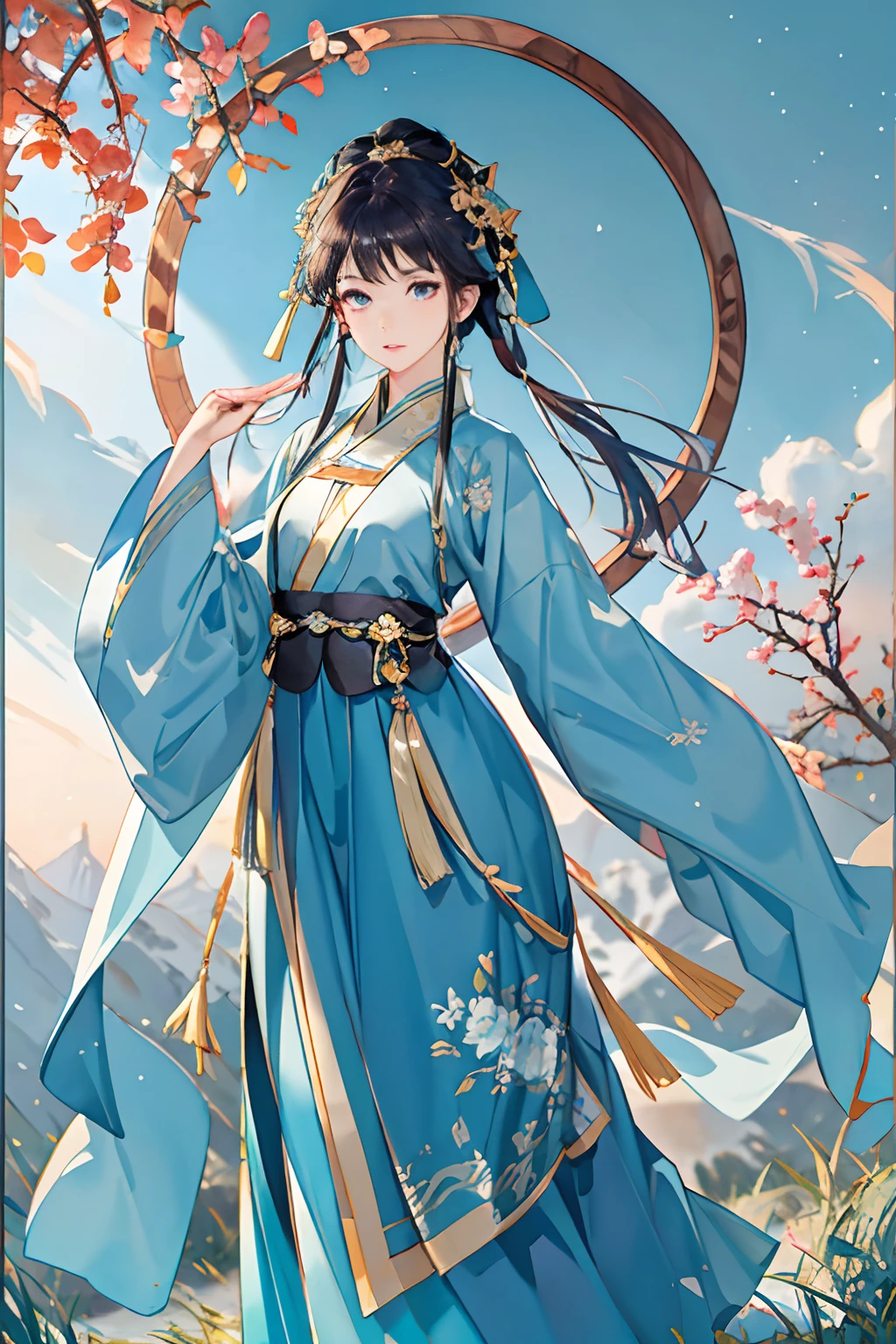 Best quality at best，Complicated details，Highest high resolution，Tang Dynasty Costumes Han Dynasty Costumes，The color of the clothes is light blue，Single player scenario，The girl was standing，Then enrich the details，The scene is by the lake