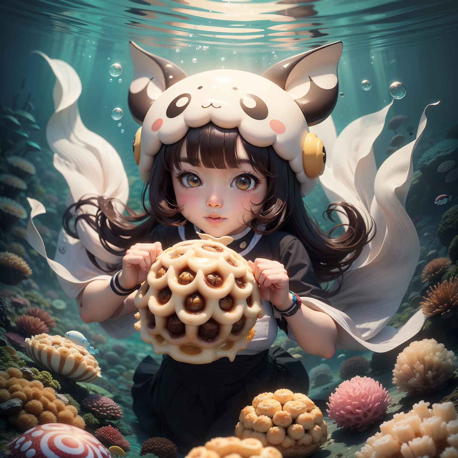 Cute character with underwater takoyaki motif