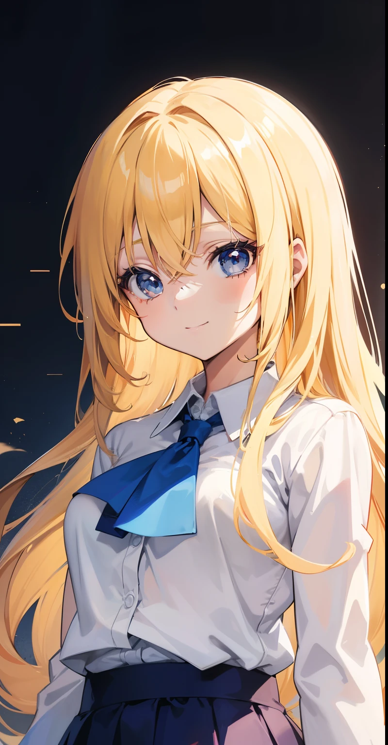 Anime girl with long blonde hair and blue tie in a white shirt, cute girl anime look, blonde anime girl with long hair, cheerful smile, pretty high school anime girl, young woman anime look, extremely cute girl face anime, best girl anime, Anime girl named Lucy, sly smile, Shiina Ringo anime portrait