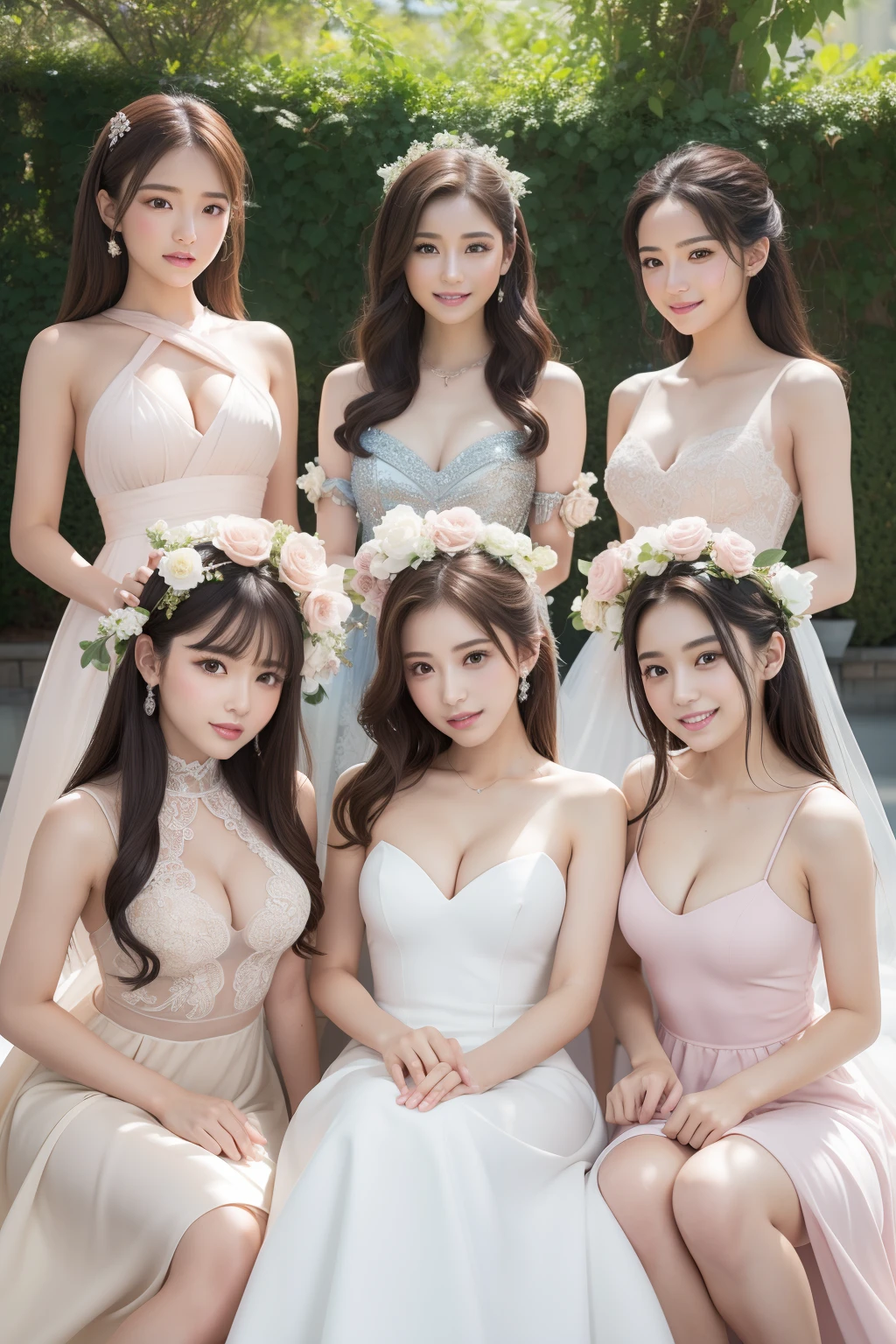 Outrageous resolution、hight resolution、(masterpiece:1.4)、ultra-detailliert、Crisp details、Dramatic and photorealistic pictorial art、Super Sentai Series、Everyone wears a prom dress(argent、beige、white colors、light pink in color、Fivesome)Everyone smiles、