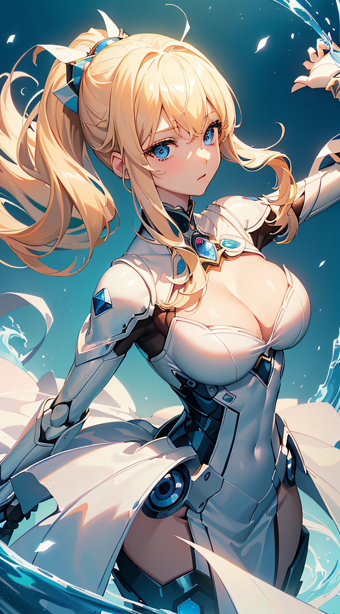 top-quality、Top image quality、​masterpiece、girl with((18year old、White Powered Suit、Mechanical body、Best Bust、Bust 85、a blond、poneyTail、,Beautiful blue eyes、open chest wide、cleavage of the breast)）hiquality、visualart、Background with((Cybercastle))、Anime style