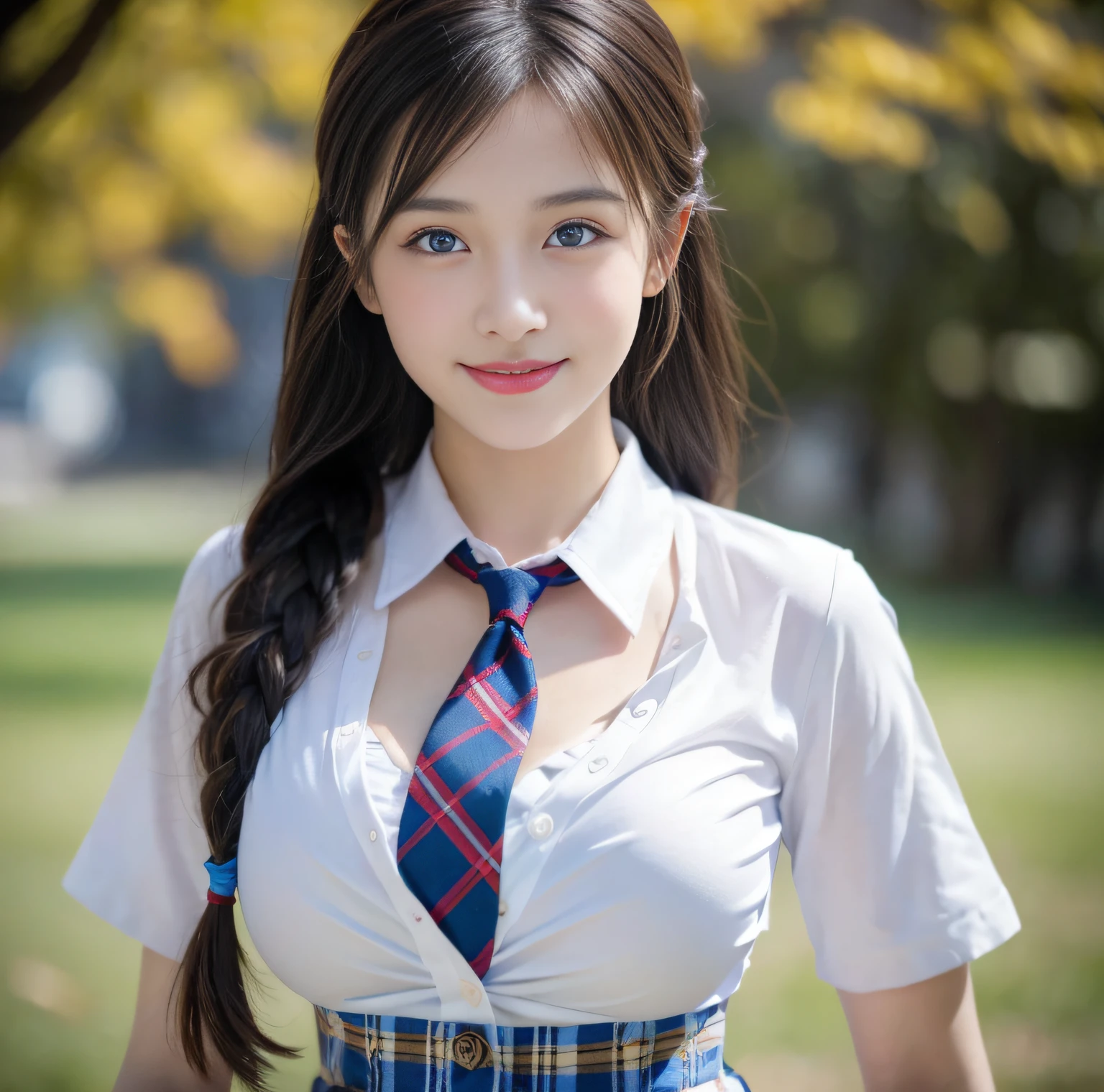 (best quality, masterpiece), (realistic lighting with shadows), huge file size, high resolution, elegant, realistic, intricate details, (perfect anatomical depiction of the human body), one busty girl, ( (miraculous super big breasts)), she's a teenage girl, ((beautiful and bright blue eyes with shining highlights)), her attractive small thin lips are glossy even though she doesn't wear lipstick , Brunette hair dancing in the wind, Braided half-up hair shining in the backlight, Wearing a high school girl's summer clothes, The clothes are neat and clean blouses and the color is white. , Wearing a crimson ribbon tie. The blouse, which is too tight due to her huge boobs, is supported by all the strong buttons. , The skirt is a tartan check pleated mini, ((the girl's chest is not exposed at all)), but you can clearly see that she has extremely large breasts, and she is very beautiful and looks like a school goddess. This is a picture taken from the front, (It is a picture of a smile like a wonderful flower blooming.)
