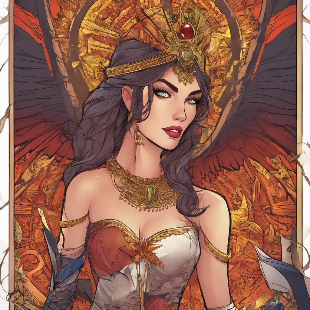 ((Masterpiece, Super detailed, very high resolution, Best quality;1.3)), Solo, 1womanl, Side light, Glowing skin, Not looking at the view, Don't look at the view, Sexy woman, Long dark hair, Queen of Horror costume, Evil Goddess, Wings of Isis, Crown of the Queen of Darkness, Goth Juli, ((Hell Palace background)),