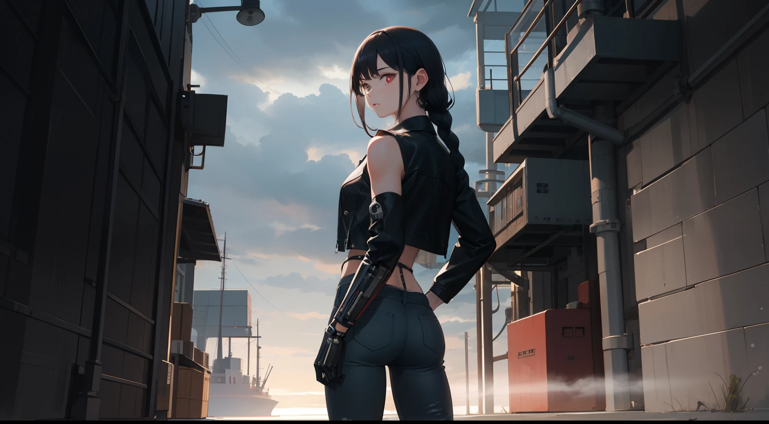photo realistic, (((masterpiece))), (((best quality))), ((ultra-detailed)), (illustration), ((an extremely delicate and beautiful)), 1 girl, cute, standing , looking back, on back, cowboy shot, expressionless,
(black mechanical joint arms:1.3), (sleeveless jacket) ,(black leather jacket), black denim pants, (black hair) ,hand on hip,shiny hair, solo braid,glowing eyes,red eyes,
background ((sea port)) , (gray sky), ((cloudy sky)),(night)