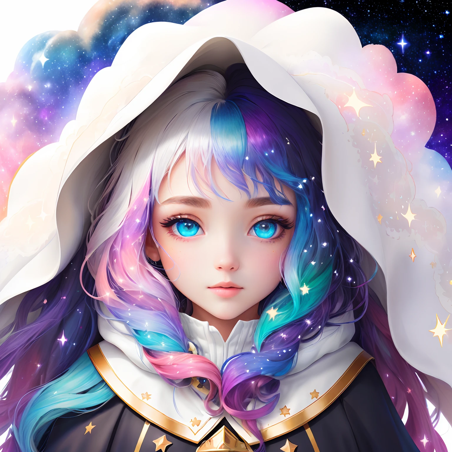 ((masterpiece)), (((best quality))), ((ultra-detailed)), ((illustration)),[realism light effect],shadow,(Fantasy style),(white background:1.6), simple background, (earth theme),(a cloak)[(hair focus,((1girl)),[(big slime hair): (cloud hair):0.3], (hair on background),(high saturation),(hair surrounded by galaxy splashes),)):((her hair is becoming galaxy clouds,:1.27628), (hair and clothes is galaxy clouds and cluster of stars:1.1025),(a cloak is becoming galaxy clouds)(colorful_galaxy_print_clusters_of_stars_print:1.35),((detailed starry sky with colorful galaxy and galaxy clouds):1.2)):0.35], (((masterpiece))),(((best quality))),((ultra-detailed)),(illustration),(dynamic angle),((floating)),(paint),((disheveled hair)),((beautiful detailed face)),collar,bare shoulders, ((colorful hair)),((streaked hair)),beautiful detailed eyes,(Gradient color eyes),(((colorful eyes))),(((colorful background))),(((high saturation))),(((surrounded by colorful splashes))),(((surrounded by colorful dot))),colorful bubble,((shining)),