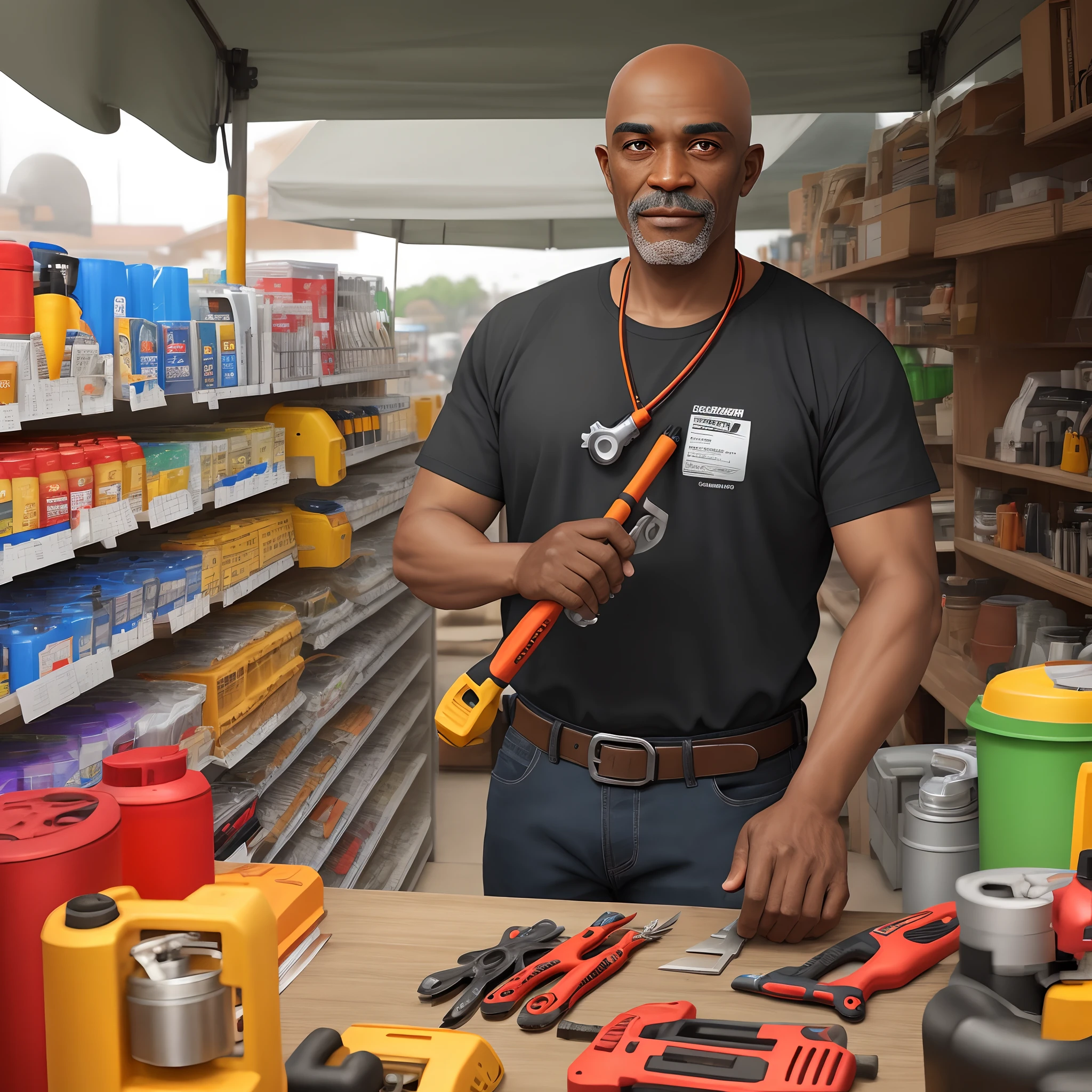 Black-skinned bald grandfather who sells hardware tools