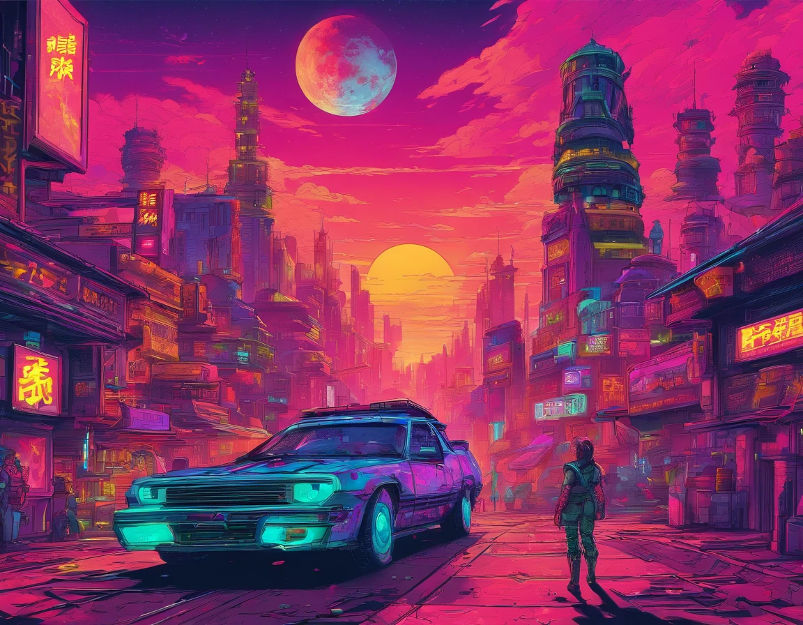 Massive cyberpunk medieval ancient architecture, Towering spires and holographic billboards Chinese illuminate the night sky.Resident Evil,Zombie tide,zombi,Vampires,themoon,high-class,extremely colorful