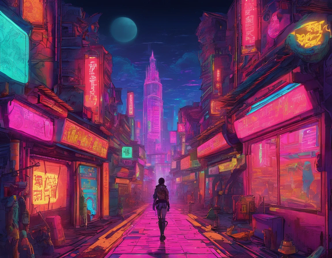 Massive cyberpunk medieval ancient architecture, Towering spires and holographic billboards Chinese illuminate the night sky.Resident Evil,Zombie tide,zombi,Vampires,themoon,high-class,extremely colorful