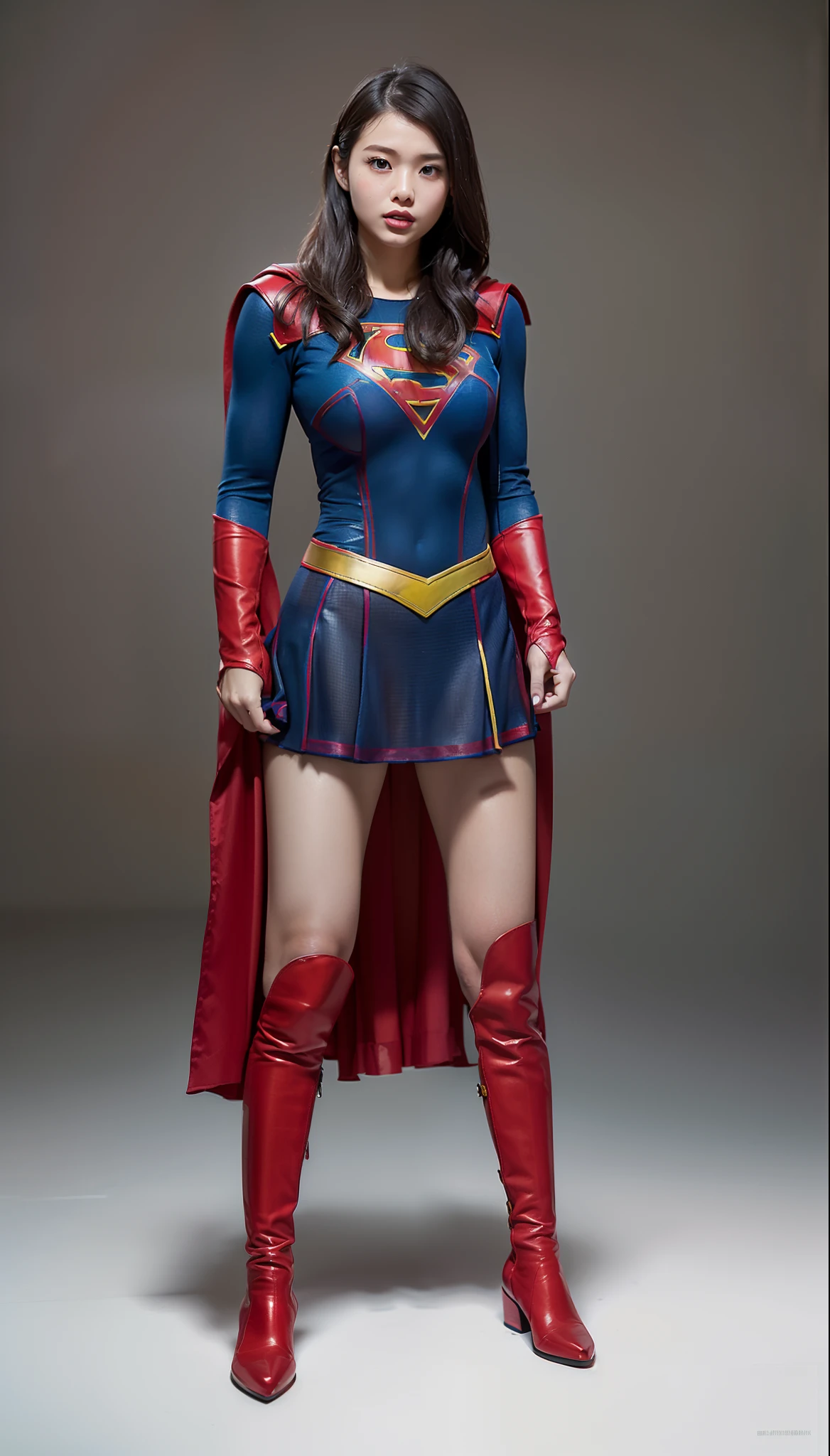 (((Make the most of the original image)))、(((Supergirl Costume)))、(((lustrous dark hair)))、(((Suffering)))、(((Feet must necessarily be worn with black tights)))、(((You need to wear red boots)))、((Top image quality、8K))、((top-quality、8K、​masterpiece:1.3))、Crisp focus:1.2、Beautiful woman with perfect body shape:1.4、Slender Abs:1.2、((layers-Cut、large boob:1.2))、a wet body:1.5、Highly detailed facial and skin texture、