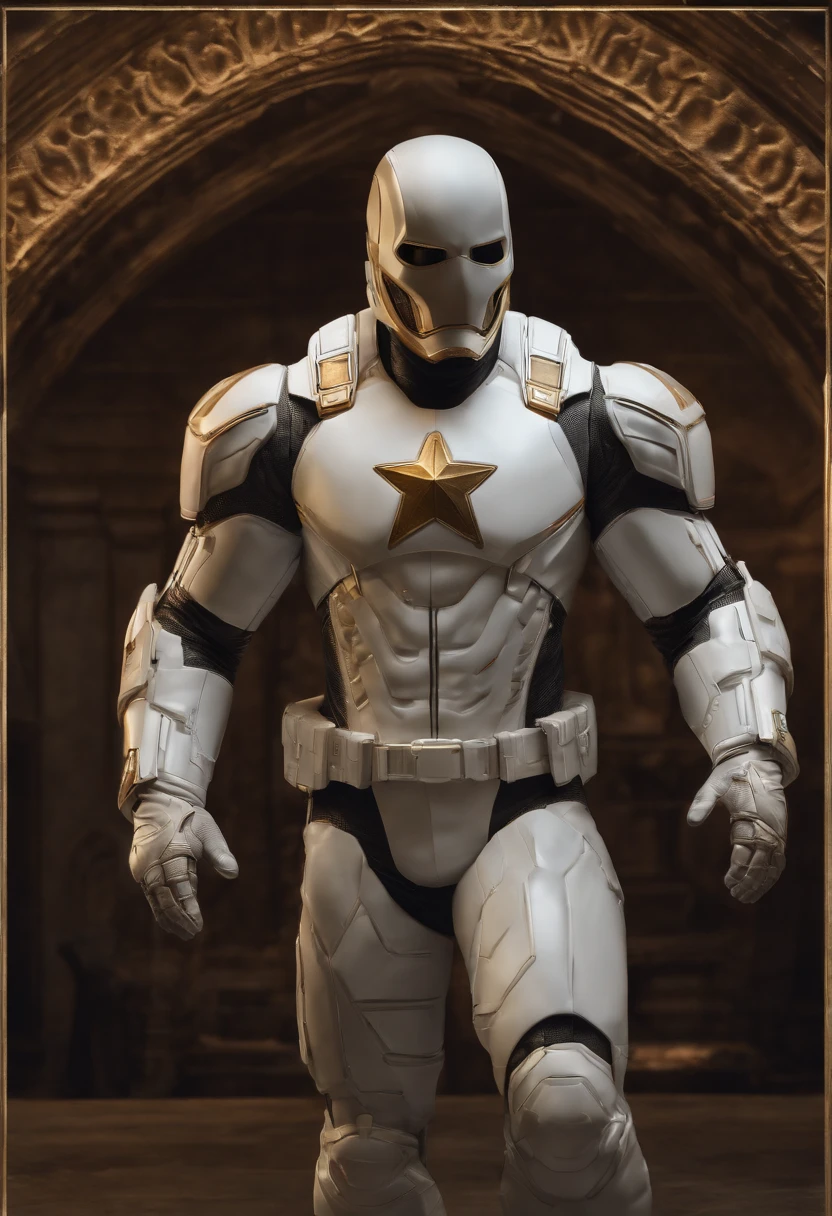 full body shot of captain america  in white and gold armour style suit, no mask on, white cape, looking at center camera, perfect composition, beautiful detailed intricate insanely detailed octane render trending on artstation, 8 k artistic photography, photorealistic concept art, soft natural volumetric cinematic perfect light, chiaroscuro, award - winning photograph, masterpiece, oil on canvas, raphael, caravaggio, greg rutkowski, beeple, beksinski, giger, trending on artstation, sharp focus, studio photo, intricate details, highly detailed, night city background, by greg rutkowski