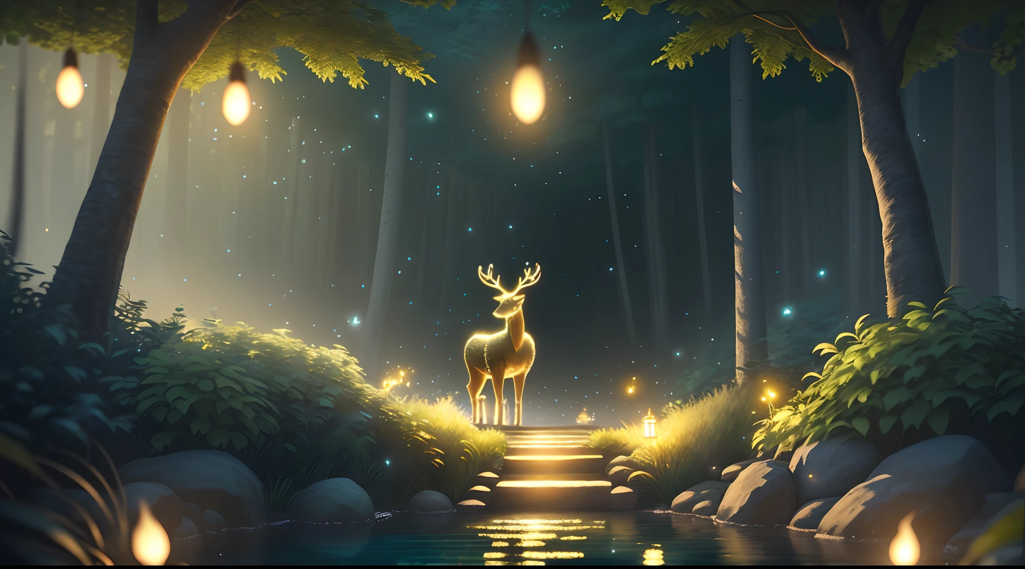 Masterpiece, best quality, (very detailed CG unity 8k wallpaper), (best quality), (best illustration), (best shadows), glow sprite, with a glowing deer, in the swimming pool Drinking water, natural elements in the forest theme. Mysterious forest, beautiful forest, nature, surrounded by flowers, delicate leaves and branches surrounded by fireflies (natural elements), (jungle theme), (leaves), (twigs), (fireflies), (particle effects) etc. 3D , Octane rendering, ray tracing, super detailed