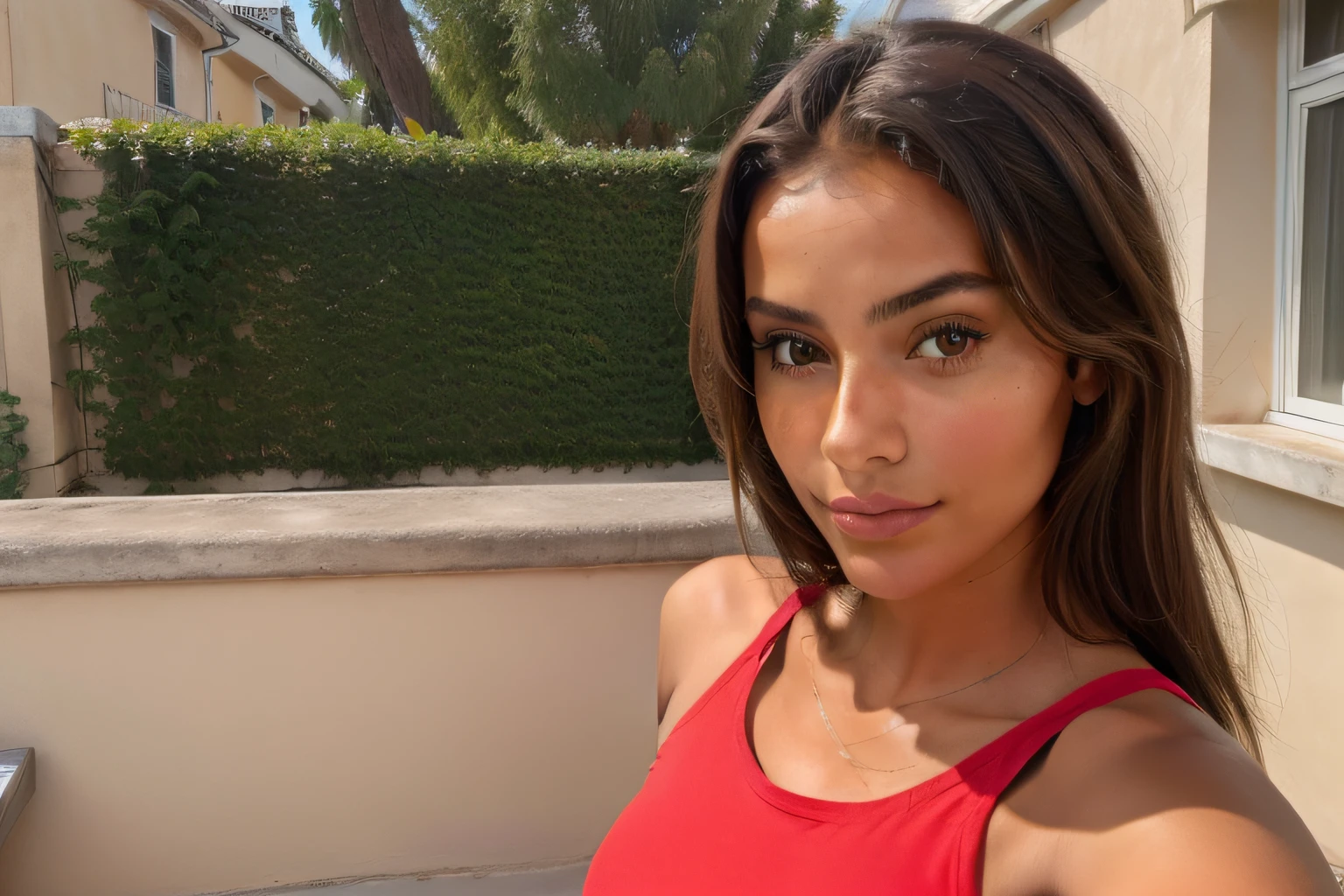 une jeune femme brune, selfie style she takes pictures of herself up close to show what she does., Crop Top Tactics Red Clothing, tanned skin, Outside house terrace, beer madisson, selfie proche haut du corps visage