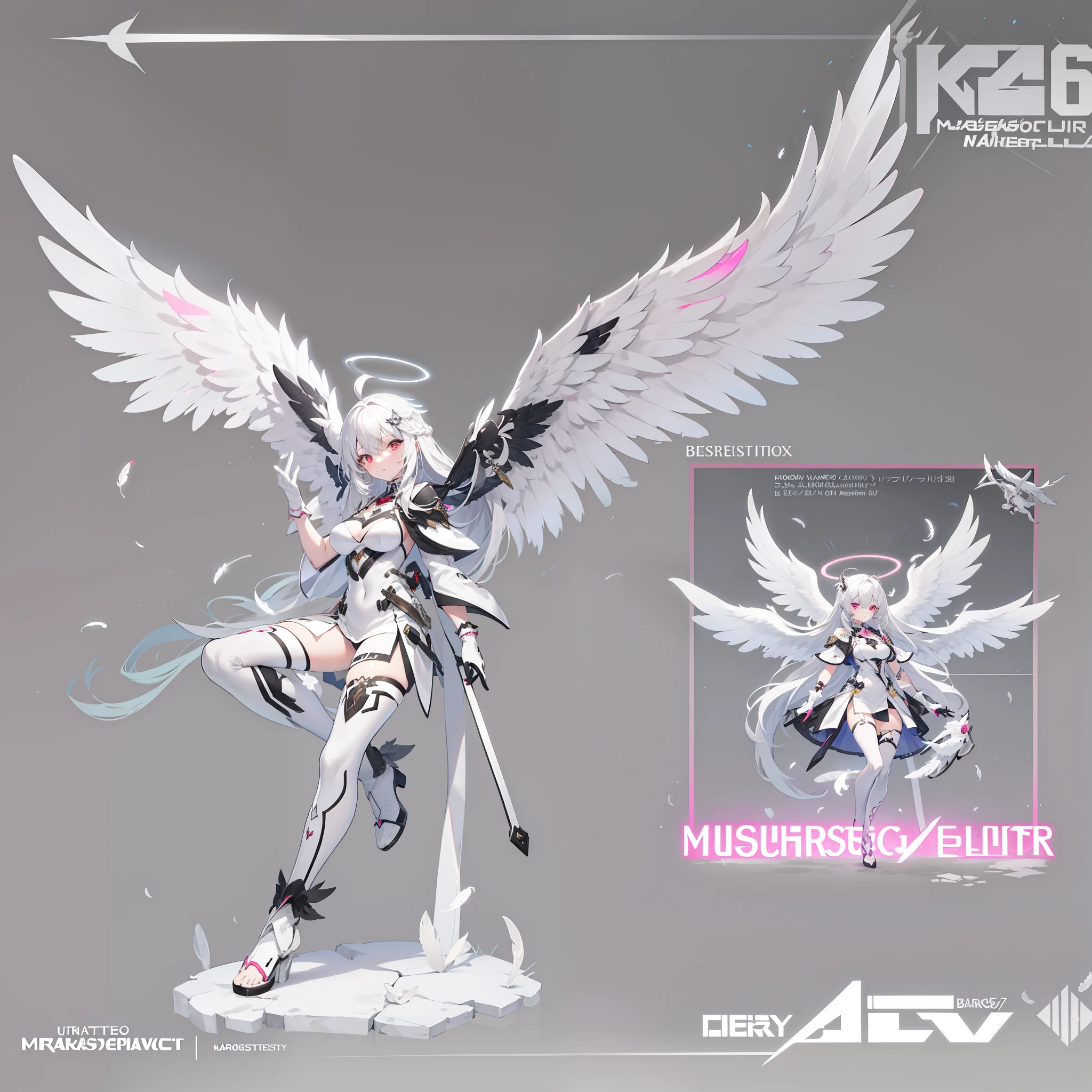 (masterpiece:1.5)(bestquality)highlydetailed,ultra-detailed,1girl,bishoujo,stare,red eyes,beautiful detailed eyes,(long hair),(white hair:0.5:silver_hair),Wing-like bangs,Dull hair,ahoge,(Hair rings),(braid:0.5), cold girl, angel, angel and devil, (angel wings:0.7),(asymmetrical wings:0.3),(copyright name),(feathered wings:0.7),(feathers),(gloves),(grey background), halo, (head wings:0.5),(large wings:0.7),(long hair),(medium breasts), (multicolored wings:0.5),(multiple wings:0.5), pegasus, (pink wings),(single wing:0.5), (white feathers),(white wings:0.8), (wings:0.5)