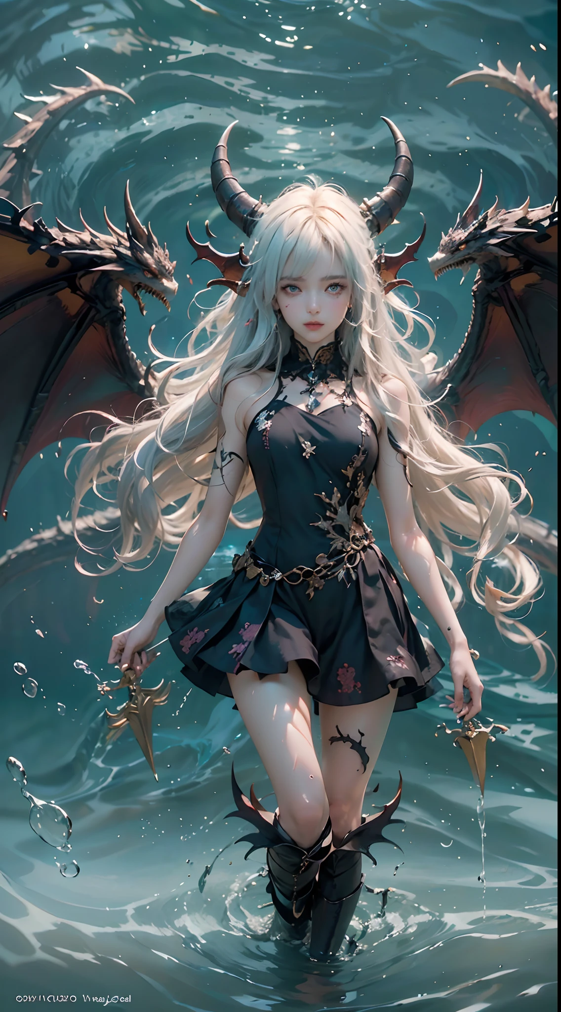 Low Teen Girl with demon wings, 10yaers old, demon Princess, (Top quality real textured skins),(Fine, round, Symmetrical eyes),Delicate facial features,(Burn bright and cold eyes), Very slim and thin body, Naked, , (She has a mischievous smile on her face),(Her face is gentle and beautiful),(Full body portrait:1.5),(dramatic photography:1.4),(dramatic pose),(flamboyant photo),Messy picture,(Hair flows in the water:1.5),(Dramaticlight),(magnificent scene),(Surrounded by beautiful dragons),magnificent realism,Cinematic sensation,(High Density Imaging Review:1.5),(soft colours:1.2),ultra-detailliert,Dramaticlight,(intricate detailes:1.1),the complex background,Dragon horns grow,