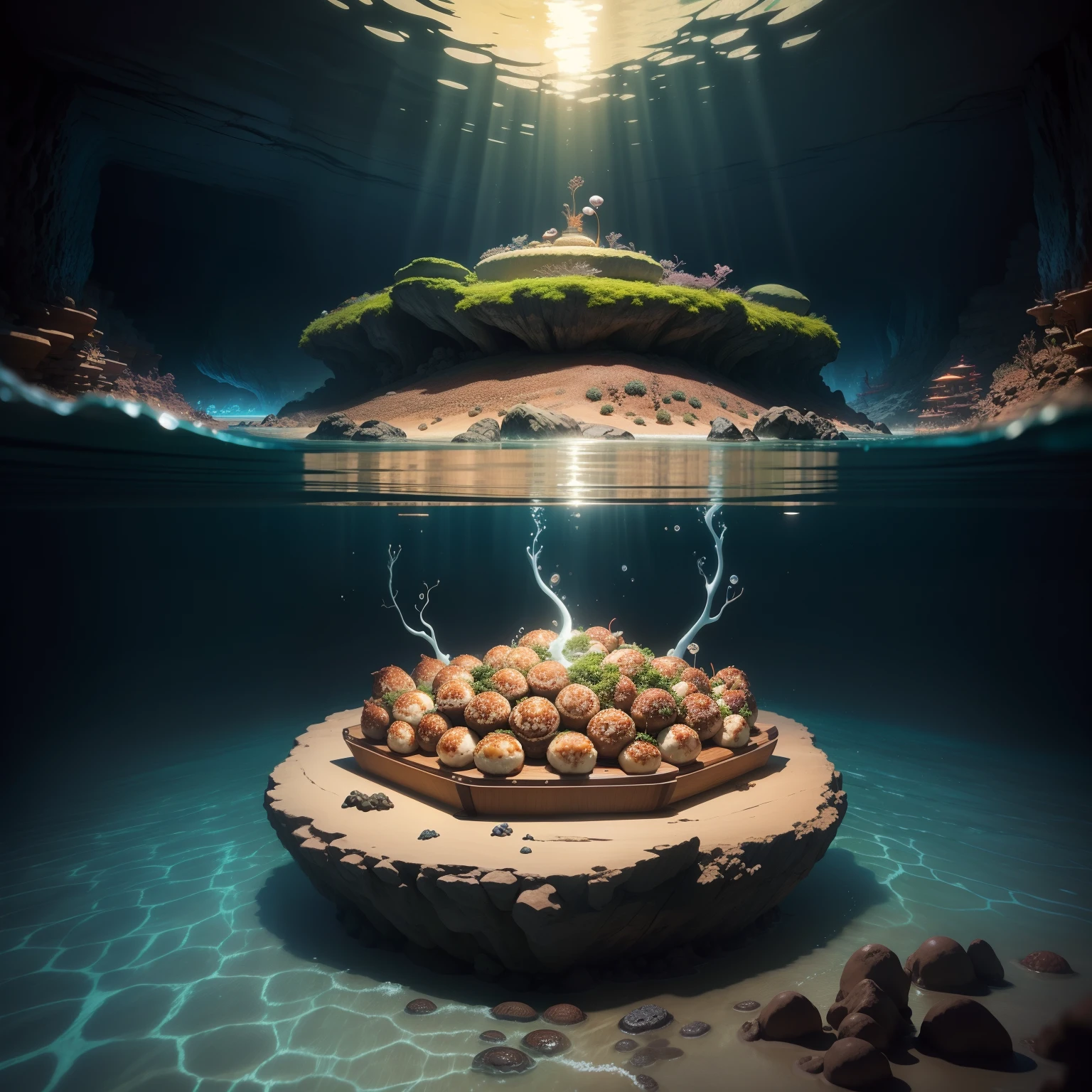 Takoyaki in water。Fantastic and mysterious undersea cave。