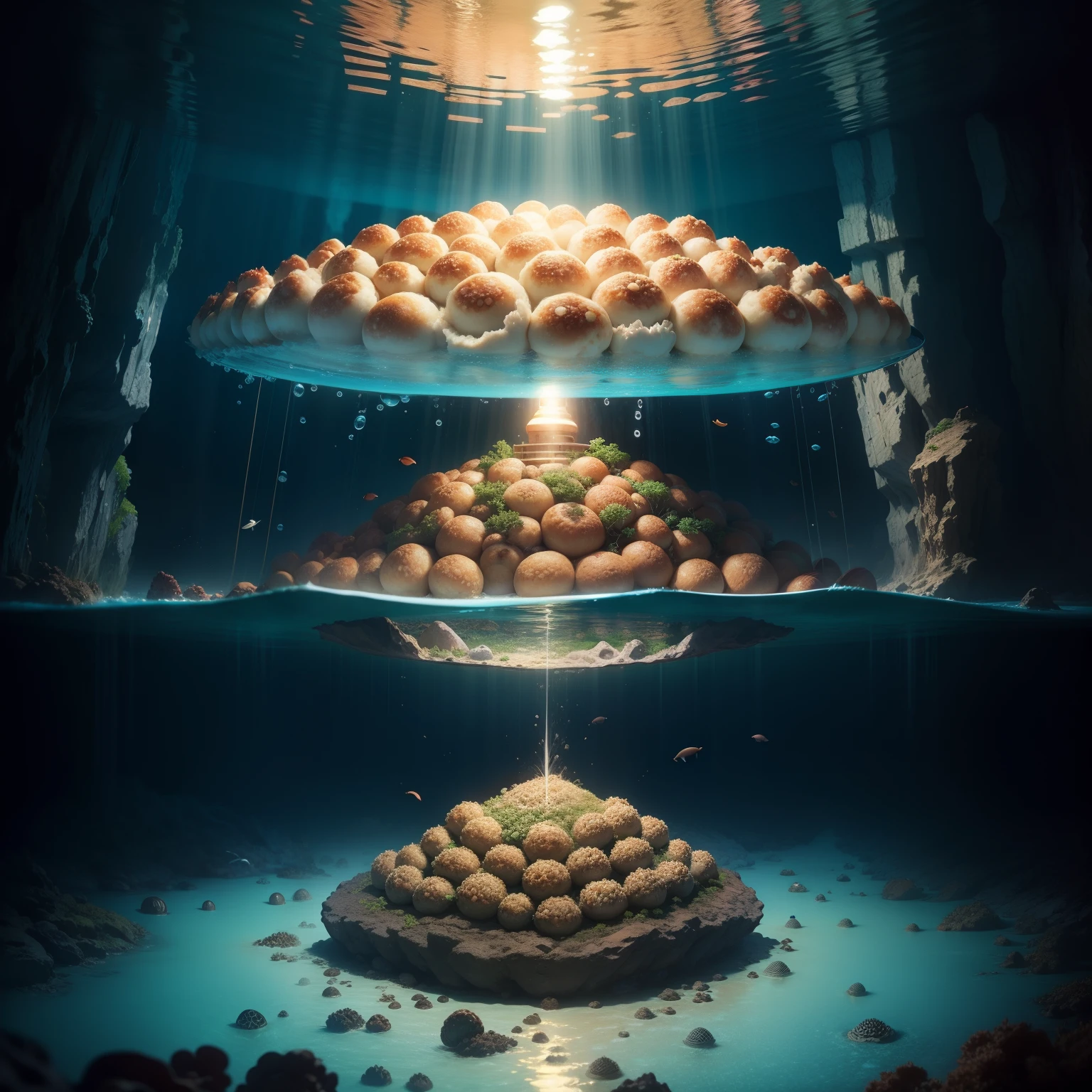Takoyaki in water。Fantastic and mysterious undersea cave。