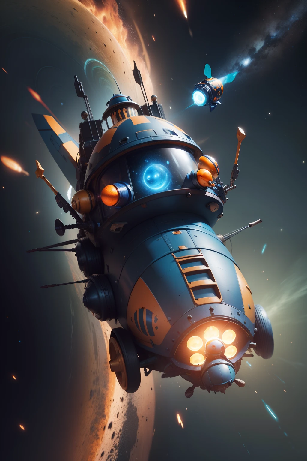 Funny dark blue space mechanical snail, wearing an orange helmet, and a space bee with green hair, exaggerated laughter, flying on a six-wheel mechanism of a strange vintage design. Cartoon style. 3D rendering. super-realistic, cinematic, close-up, center composition, pure black-blue-red space background, best quality, 4K, facial details