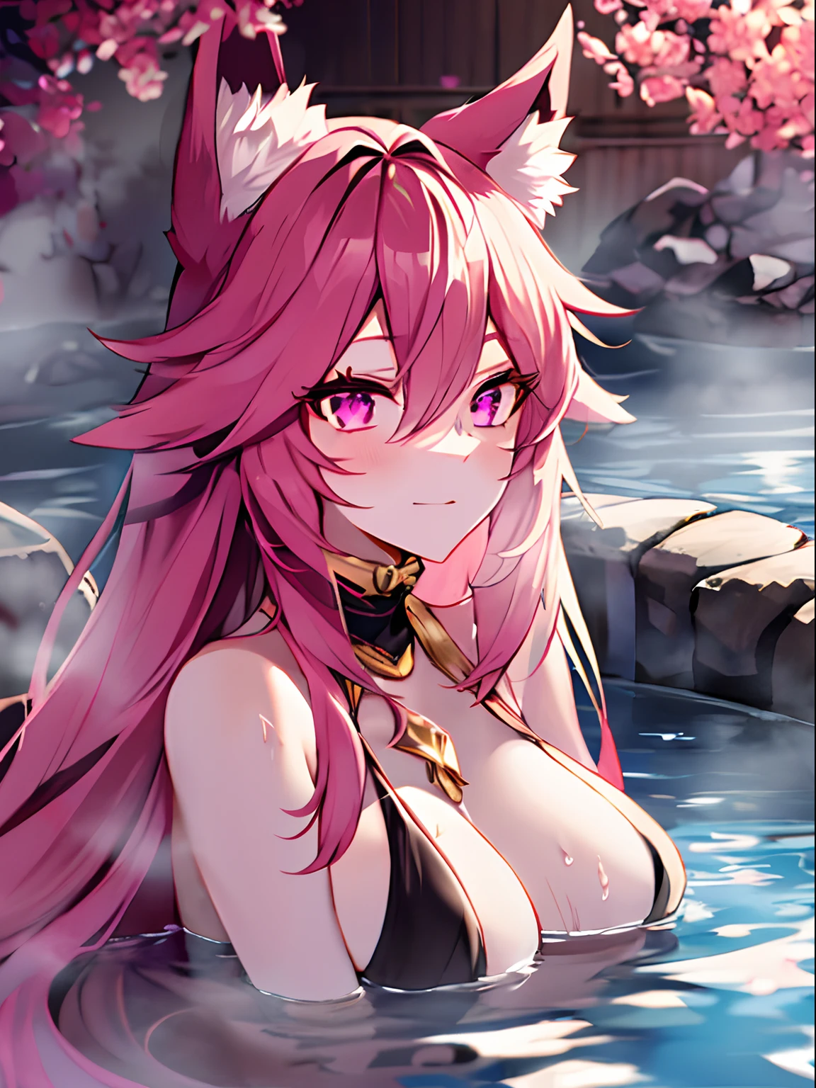 Top Quality, Beauty and Aesthetics, Very Detailed, Detailed Face and Eyes,anime, 1 Girl, Fox Ears, large Tits, Tail,fox girl,longhair,hair color pink,pink eyes, bathing in a hot spring,