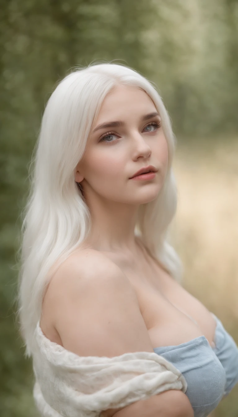 (very cute beautiful  Ukrainian), (very huge boobs:1.2), nude, straight white hair with bangs, simple background, standing, thick legs, very pale, big blue eyes