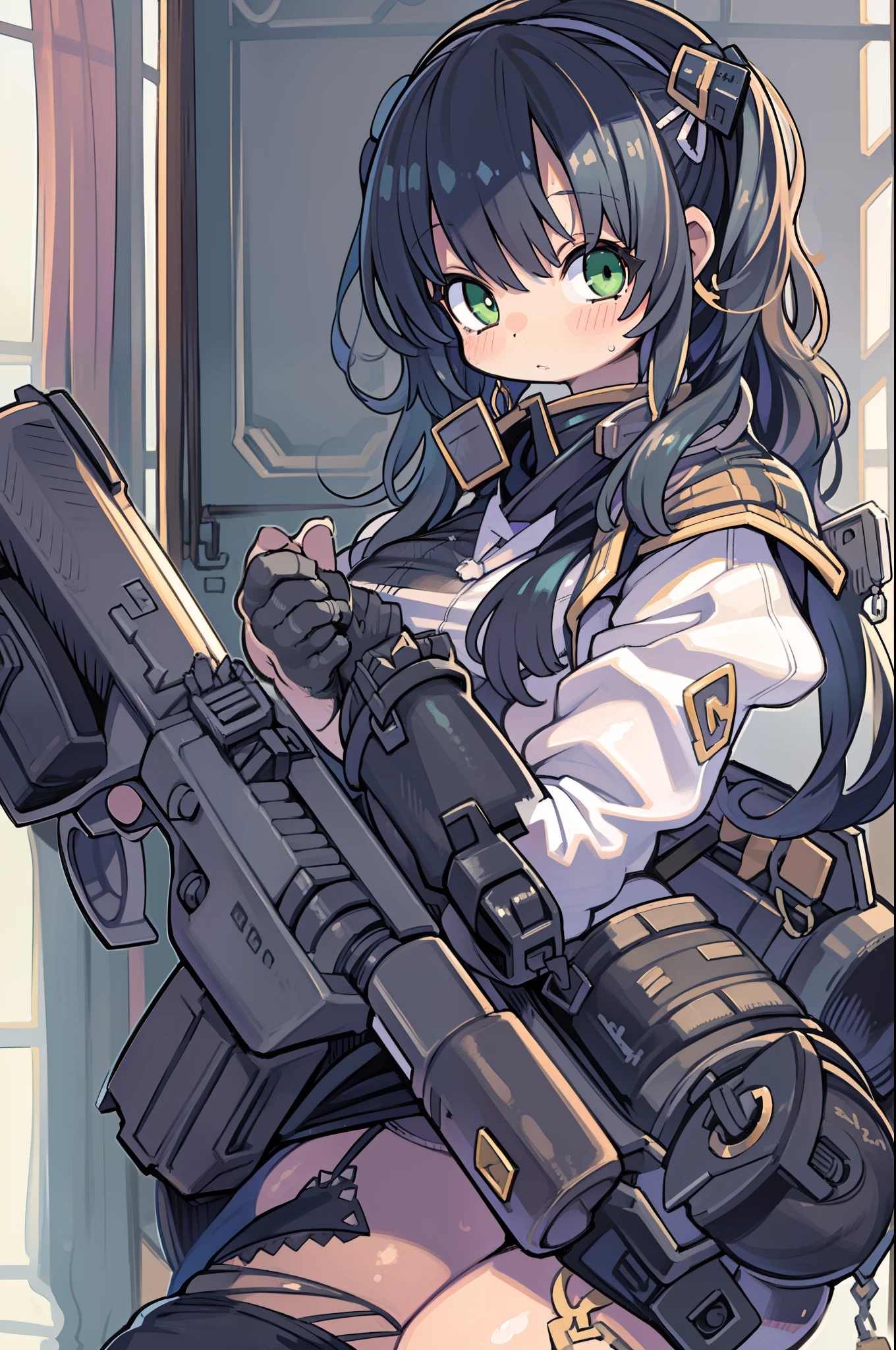 Hold a giant sniper rifle、Long sideburns、Anime-style girl with beautiful whole body, ,clean detailed faces, ciber,analogous colors, Glowing shadows, beautiful gradients, depth of fields, CLEAN IMAGE, High quality,Black Parker Closing、 high detailing, High Definition, blush, Fit, Heavenly Beauty, Very detailed, Soft lighting, Full body,Green&Black hair,Green eyes、Overhead view、From the top